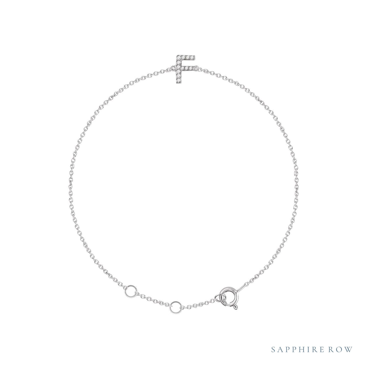 Sapphire Row Natural Diamond Pavé Initial Bracelet - F, 14K White Gold