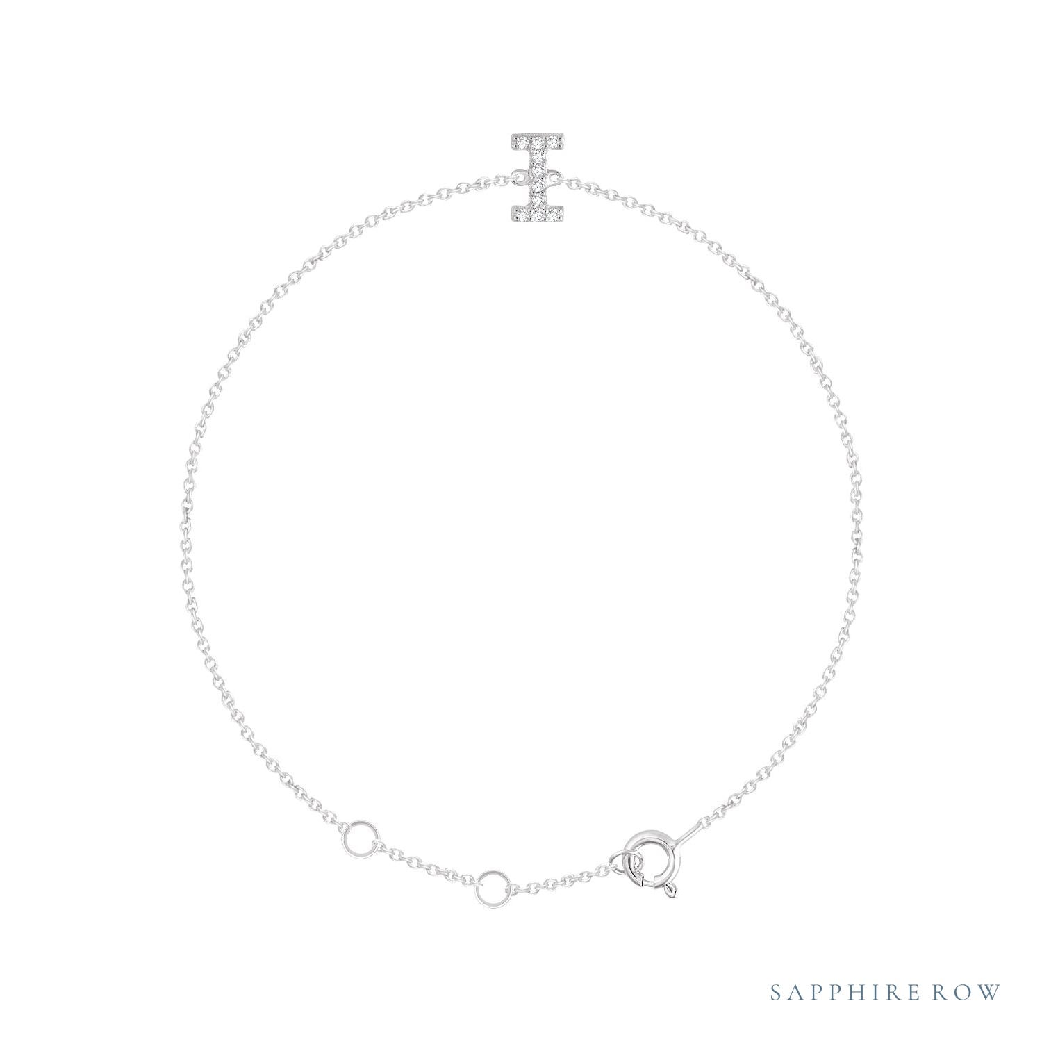 Sapphire Row Natural Diamond Pavé Initial Bracelet - I, 14K White Gold