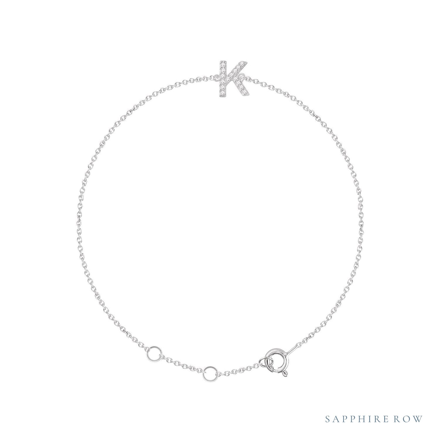 Sapphire Row Natural Diamond Pavé Initial Bracelet - K, 14K White Gold