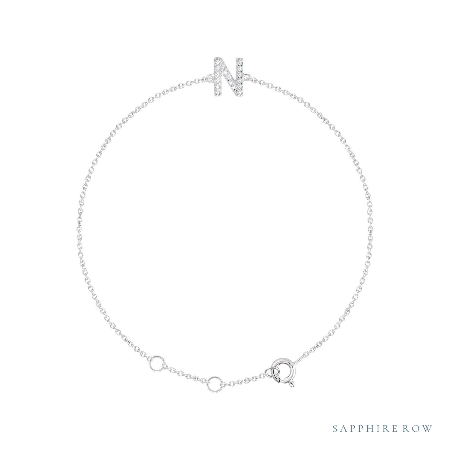 Sapphire Row Natural Diamond Pavé Initial Bracelet - N, 14K White Gold