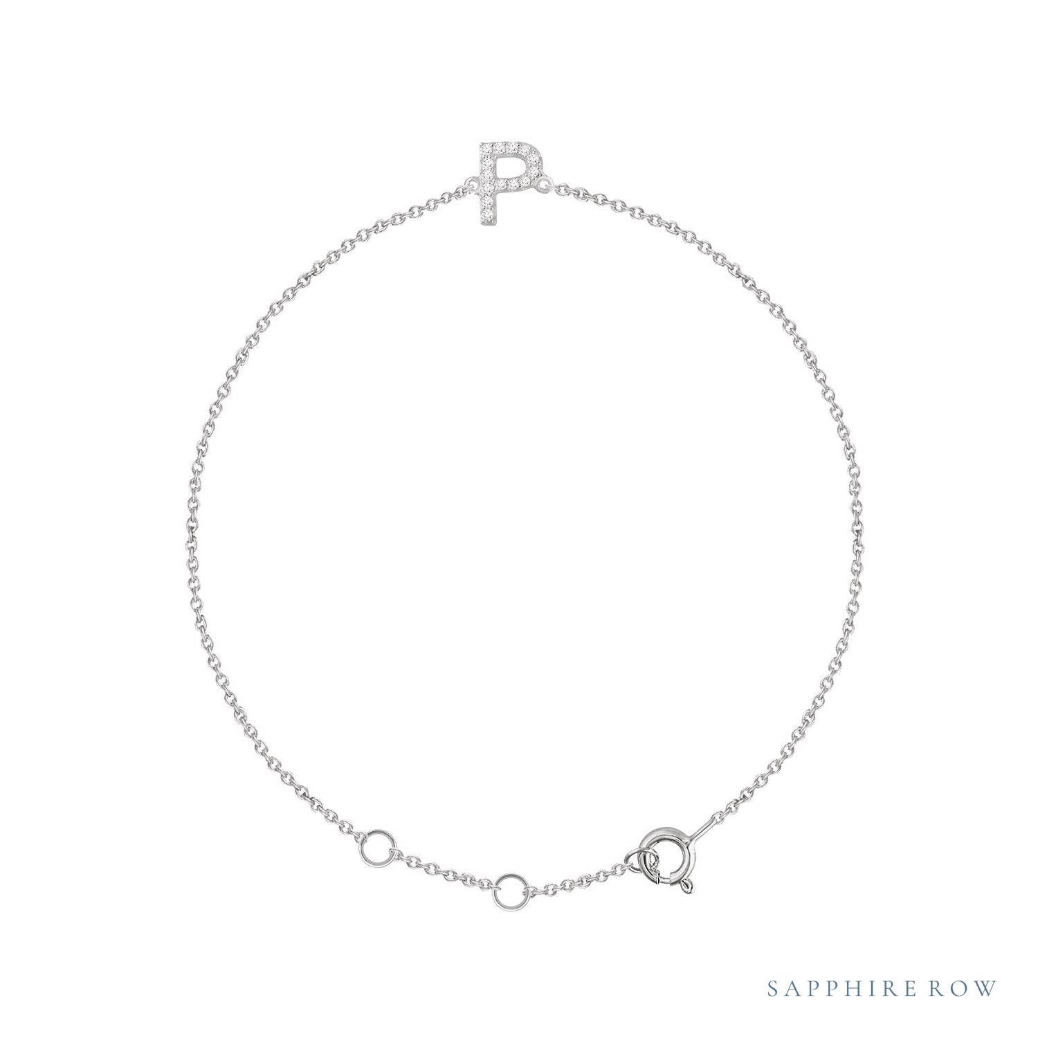 Sapphire Row Natural Diamond Pavé Initial Bracelet - P, 14K White Gold