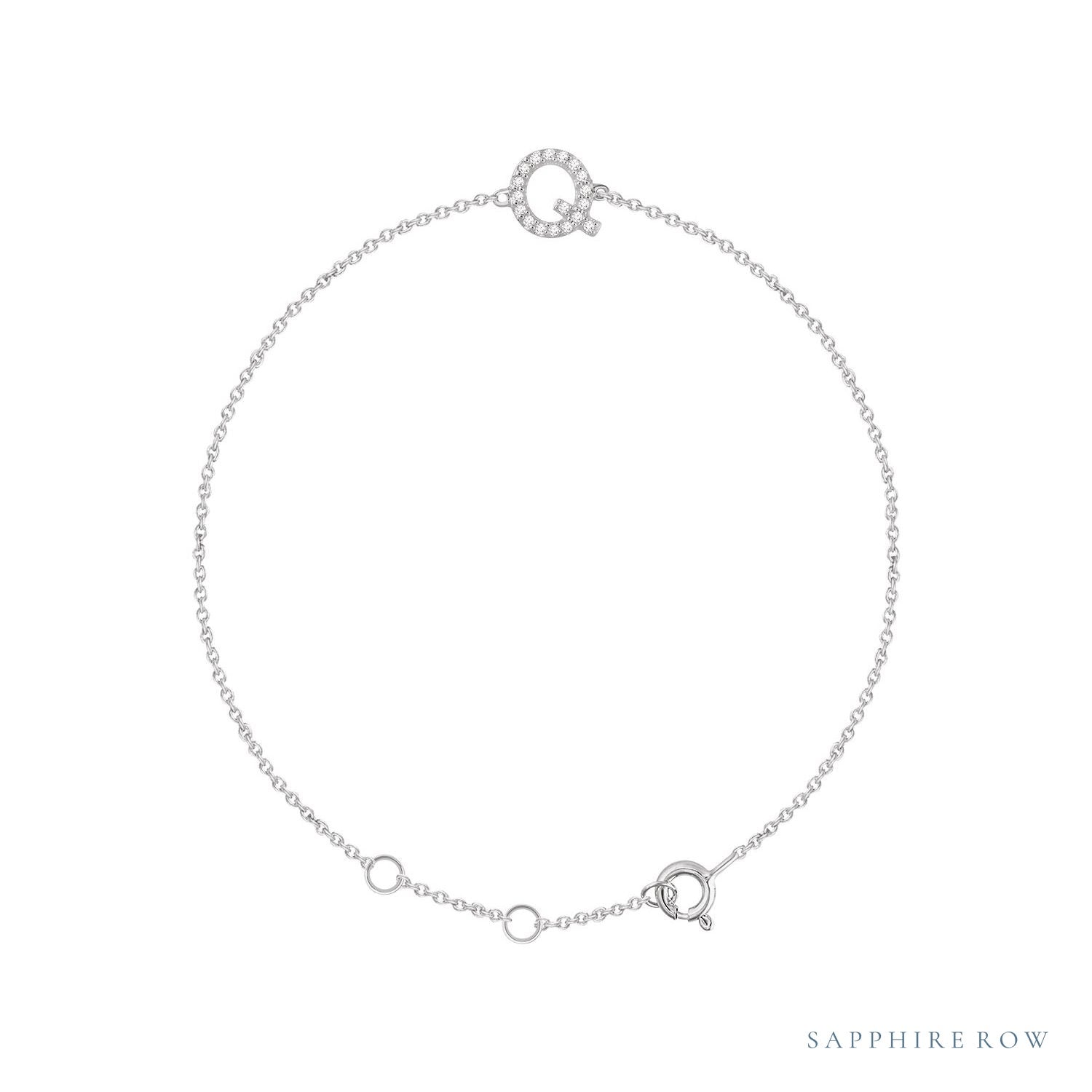 Sapphire Row Natural Diamond Pavé Initial Bracelet - Q, 14K White Gold