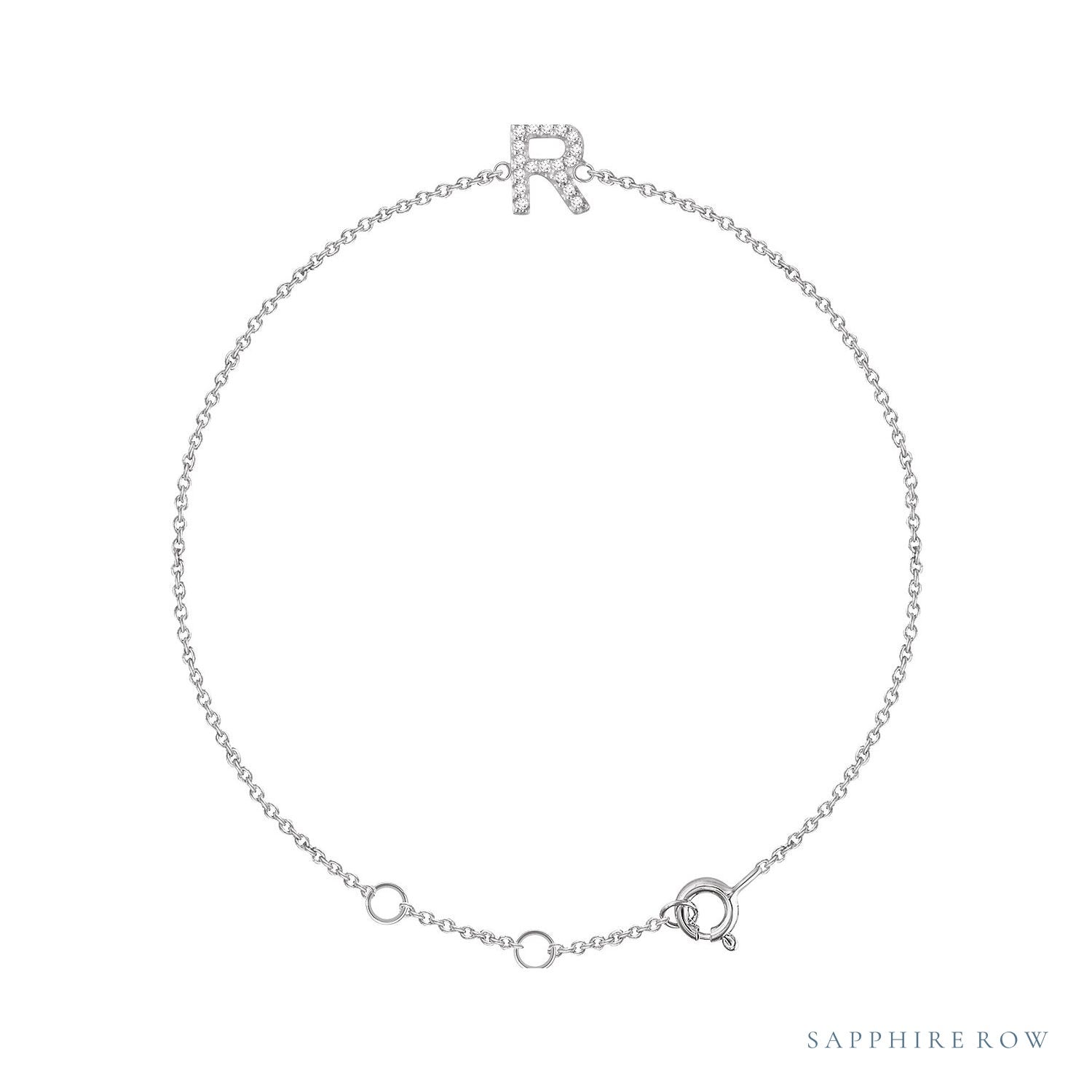 Sapphire Row Natural Diamond Pavé Initial Bracelet - R, 14K White Gold