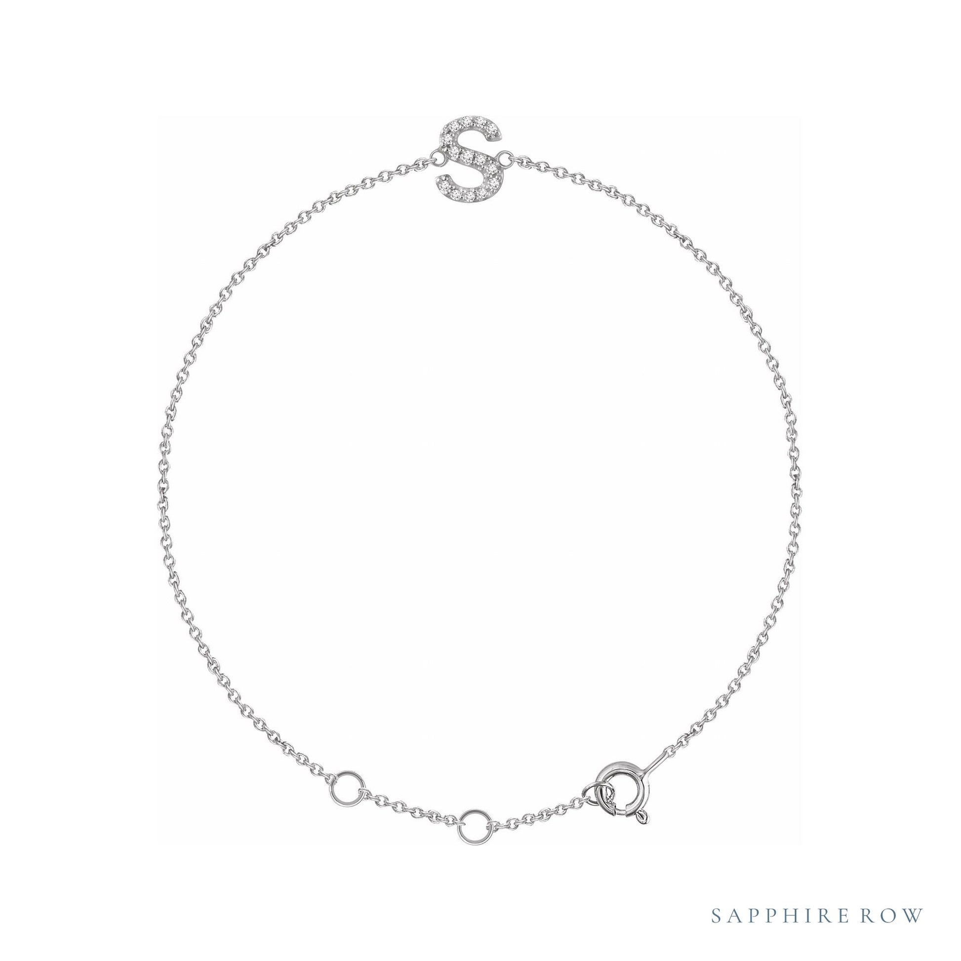 Sapphire Row Natural Diamond Pavé Initial Bracelet - S, 14K White Gold