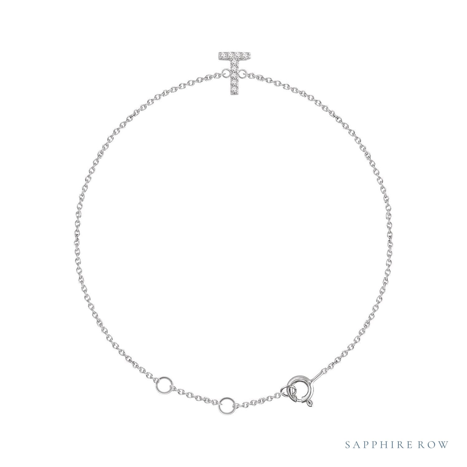 Sapphire Row Natural Diamond Pavé Initial Bracelet - T, 14K White Gold