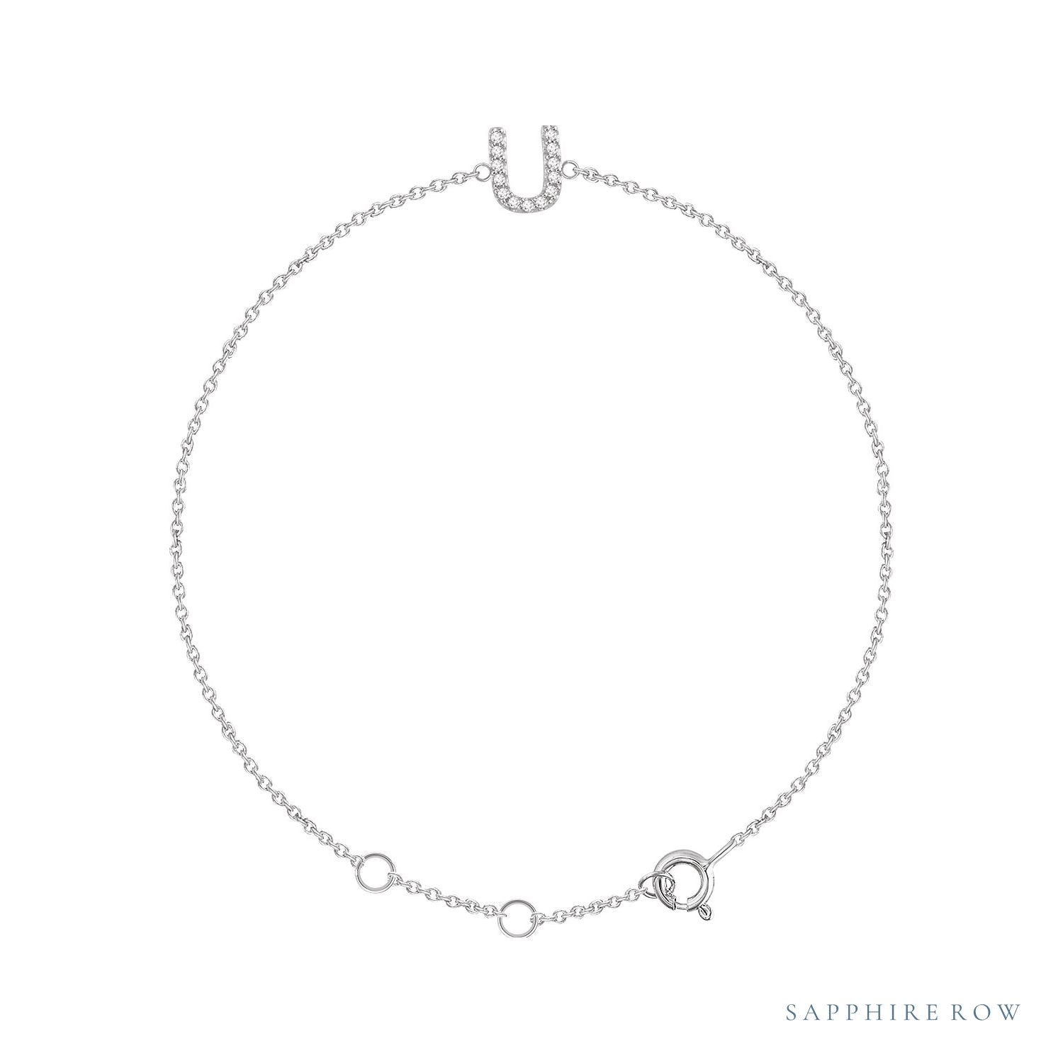 Sapphire Row Natural Diamond Pavé Initial Bracelet - U, 14K White Gold