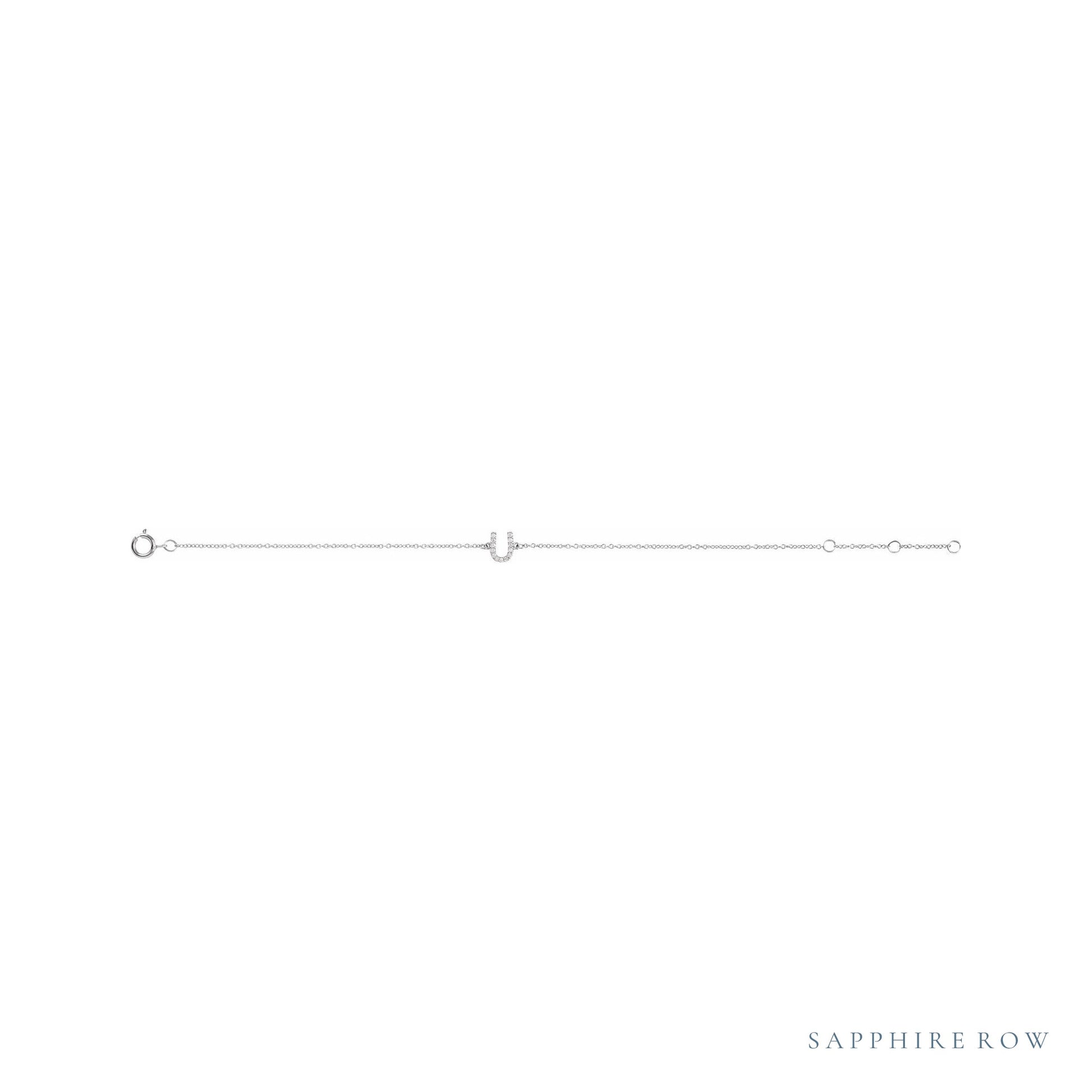 Sapphire Row Natural Diamond Pavé Initial Bracelet - U, 14K White Gold (view 2)