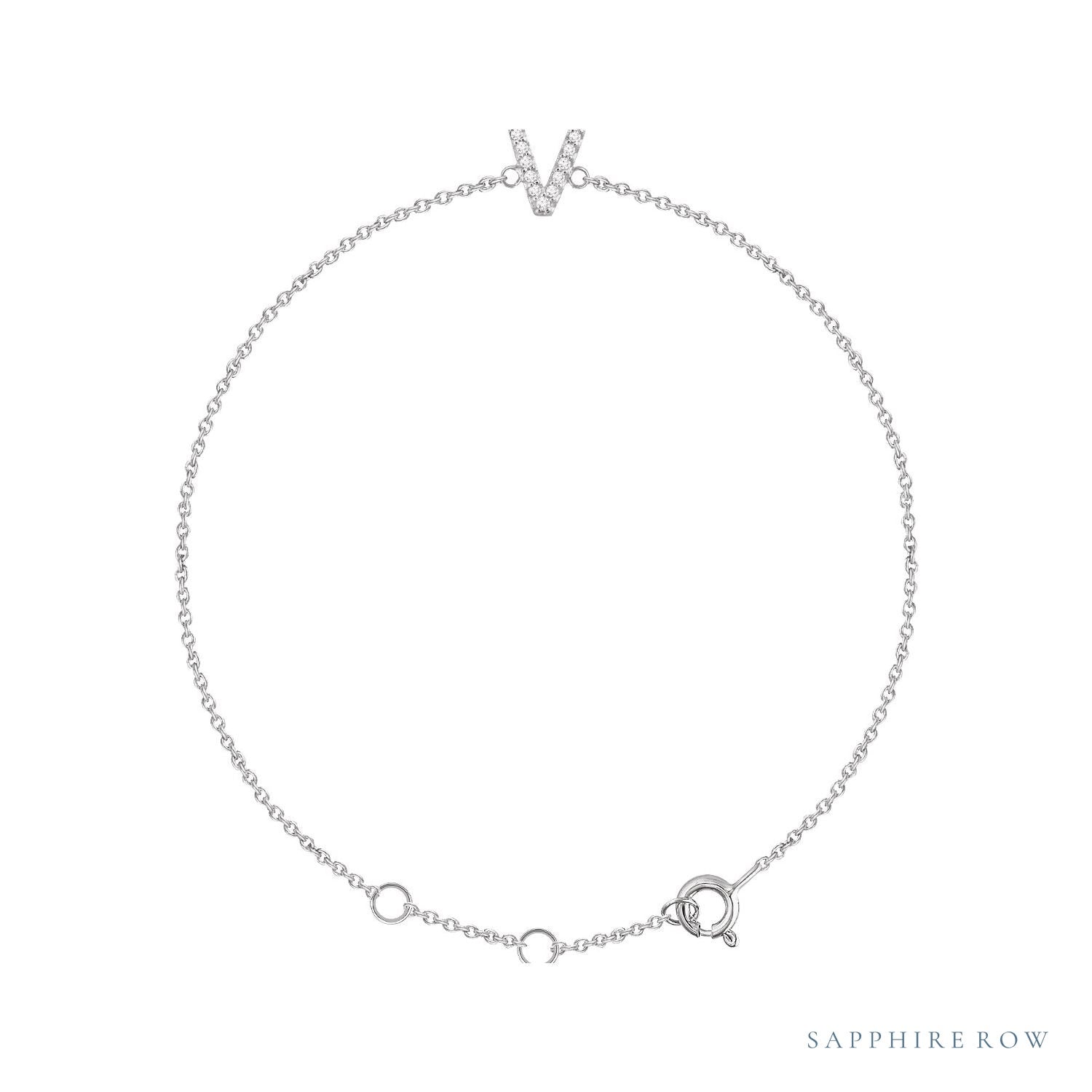 Sapphire Row Natural Diamond Pavé Initial Bracelet - V, 14K White Gold