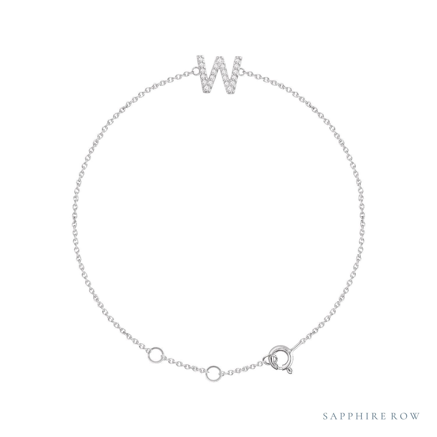 Sapphire Row Natural Diamond Pavé Initial Bracelet - W, 14K White Gold