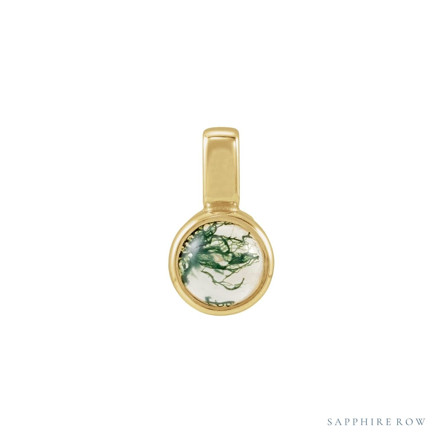 Sapphire Row Natural Cabochon Mini Fixed Bail Pendant - Moss Agate, 14K Yellow Gold