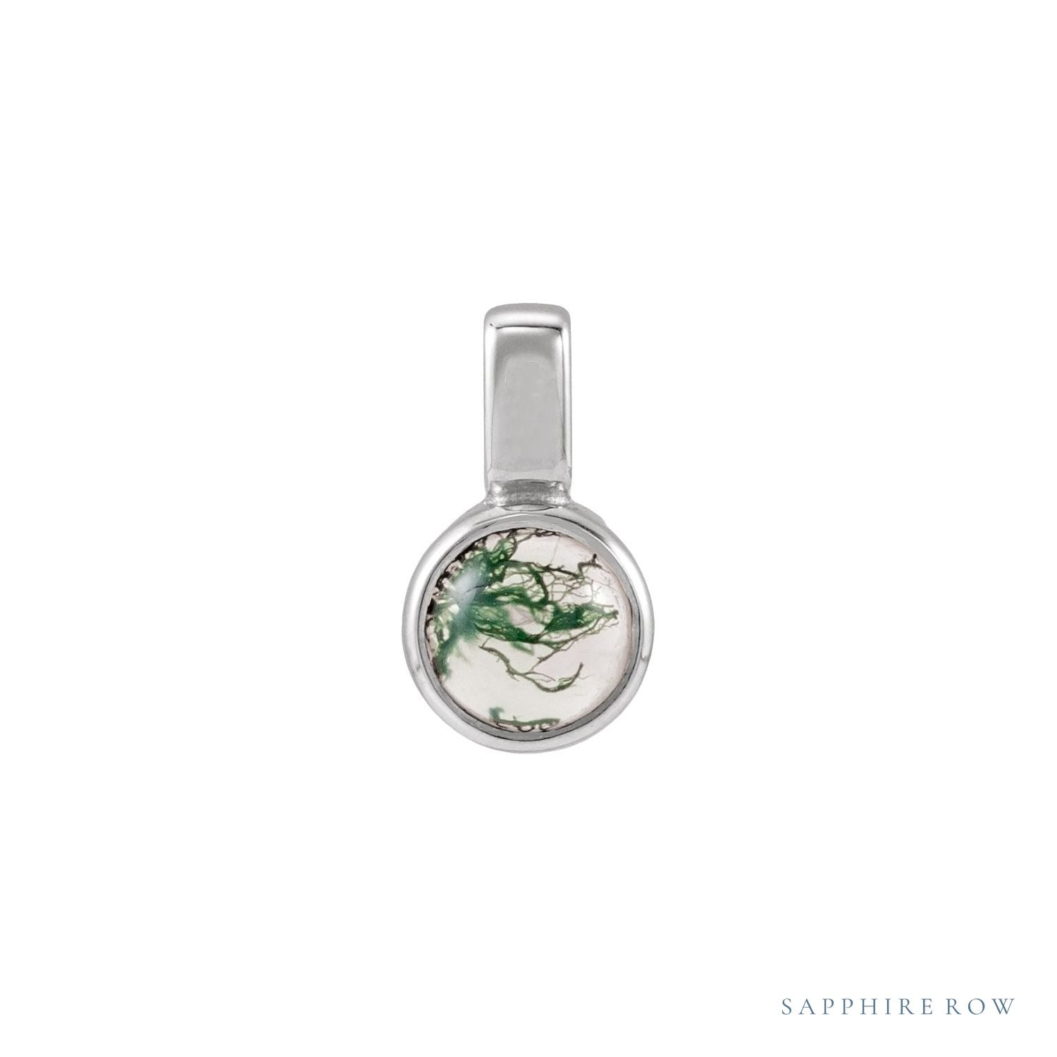 Sapphire Row Natural Cabochon Mini Fixed Bail Pendant - Moss Agate, 14K White Gold