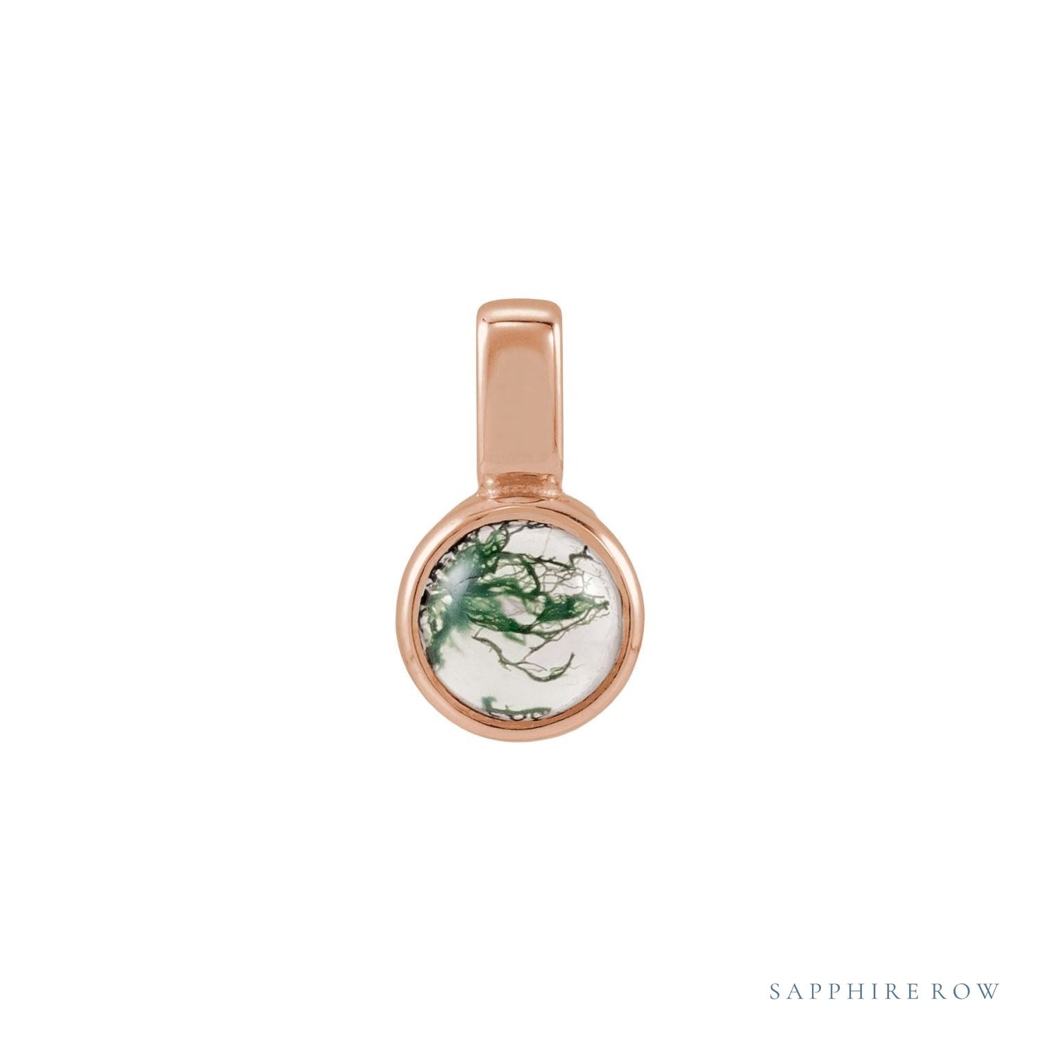 Sapphire Row Natural Cabochon Mini Fixed Bail Pendant - Moss Agate, 14K Rose Gold