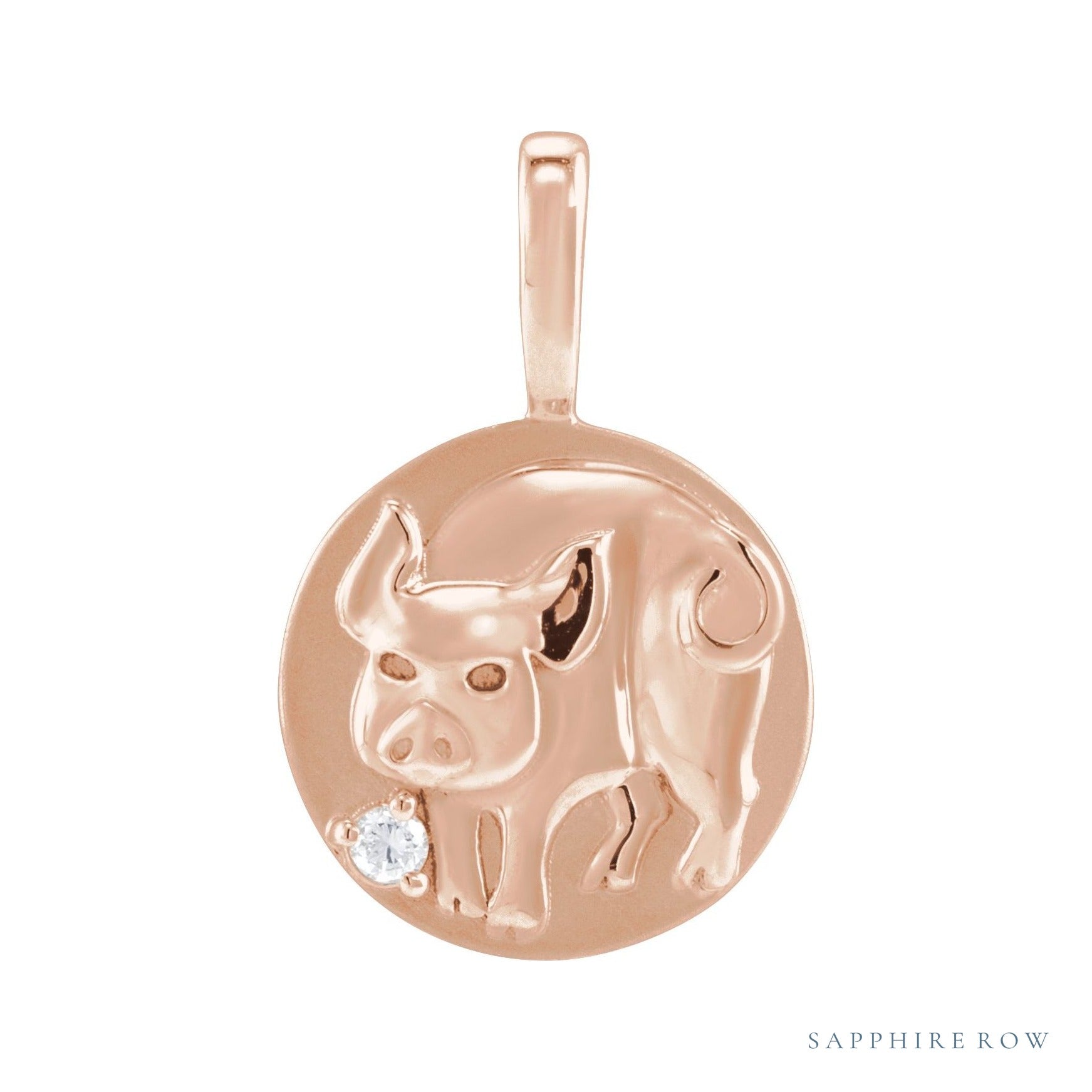 Sapphire Row Natural Diamond Chinese Zodiac Pendant - Pig, 14K Rose Gold
