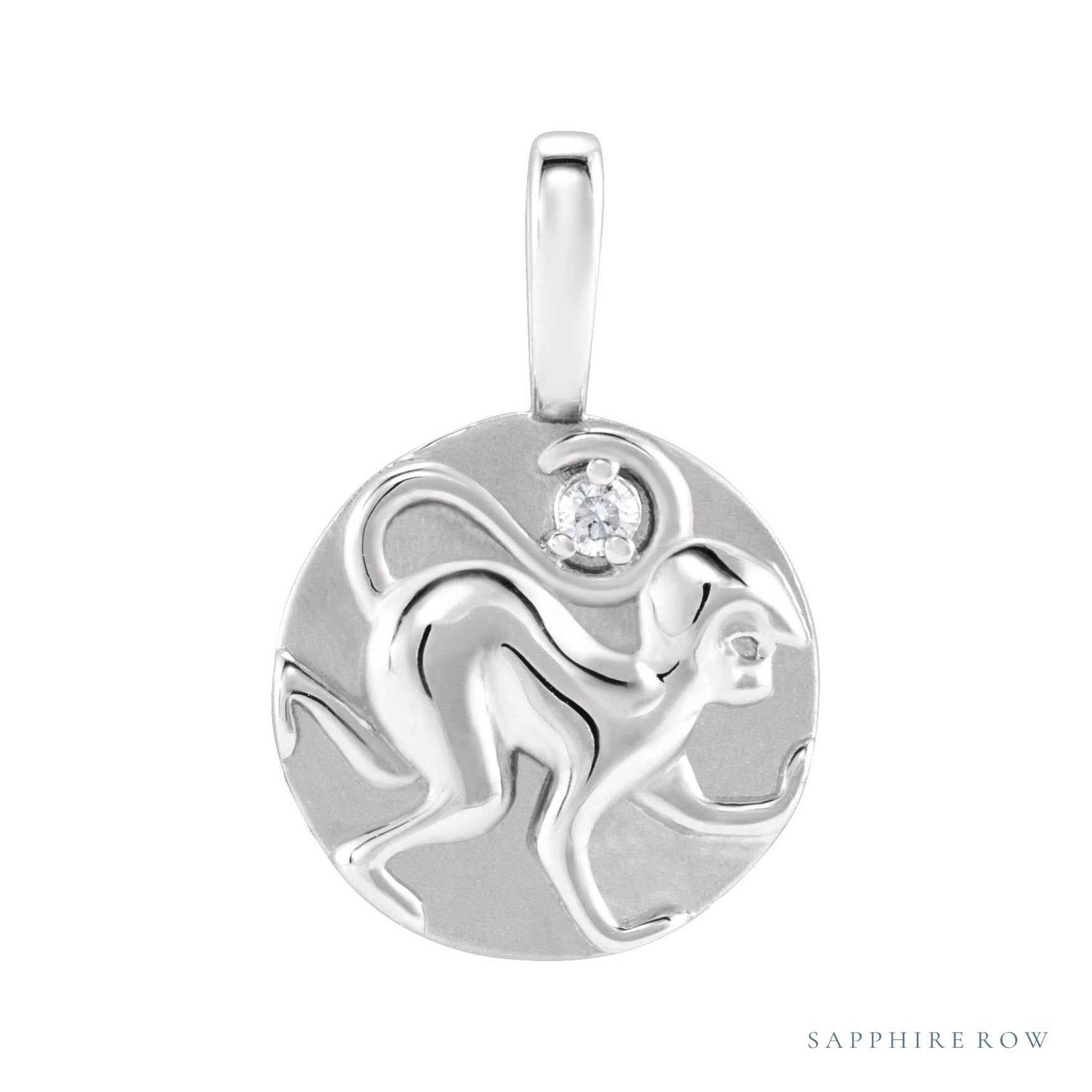 Sapphire Row Natural Diamond Chinese Zodiac Pendant - Monkey, 14K White Gold