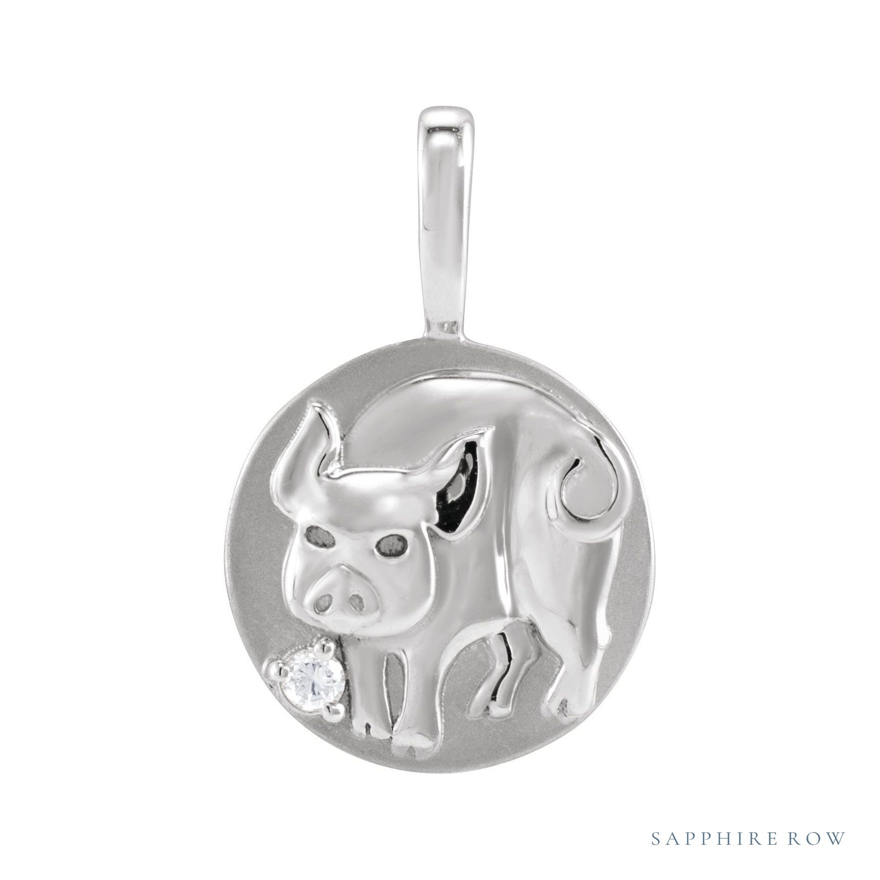 Sapphire Row Natural Diamond Chinese Zodiac Pendant - Pig, 14K White Gold