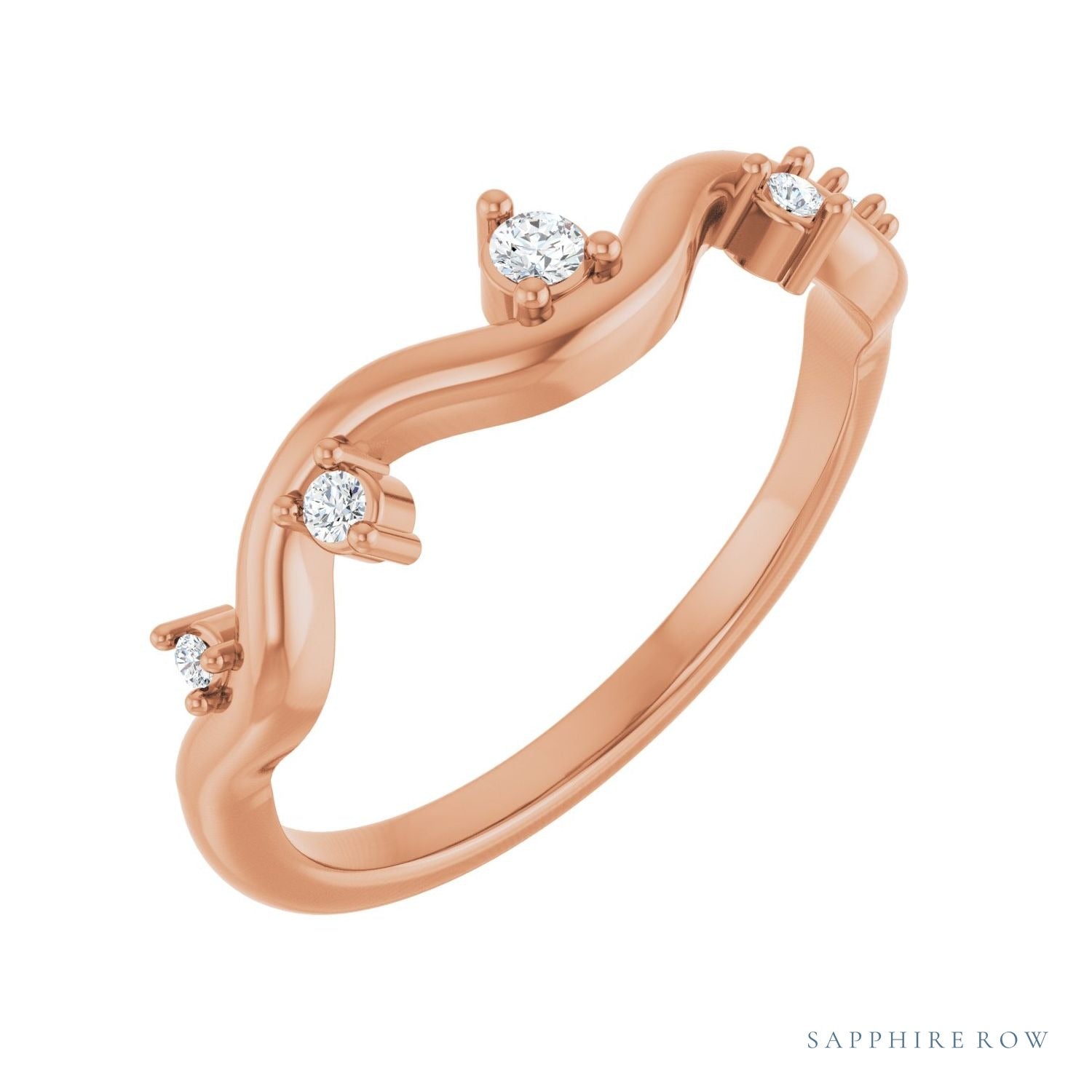 Sapphire Row Natural Diamond Wave Station Ring - 14K Rose Gold
