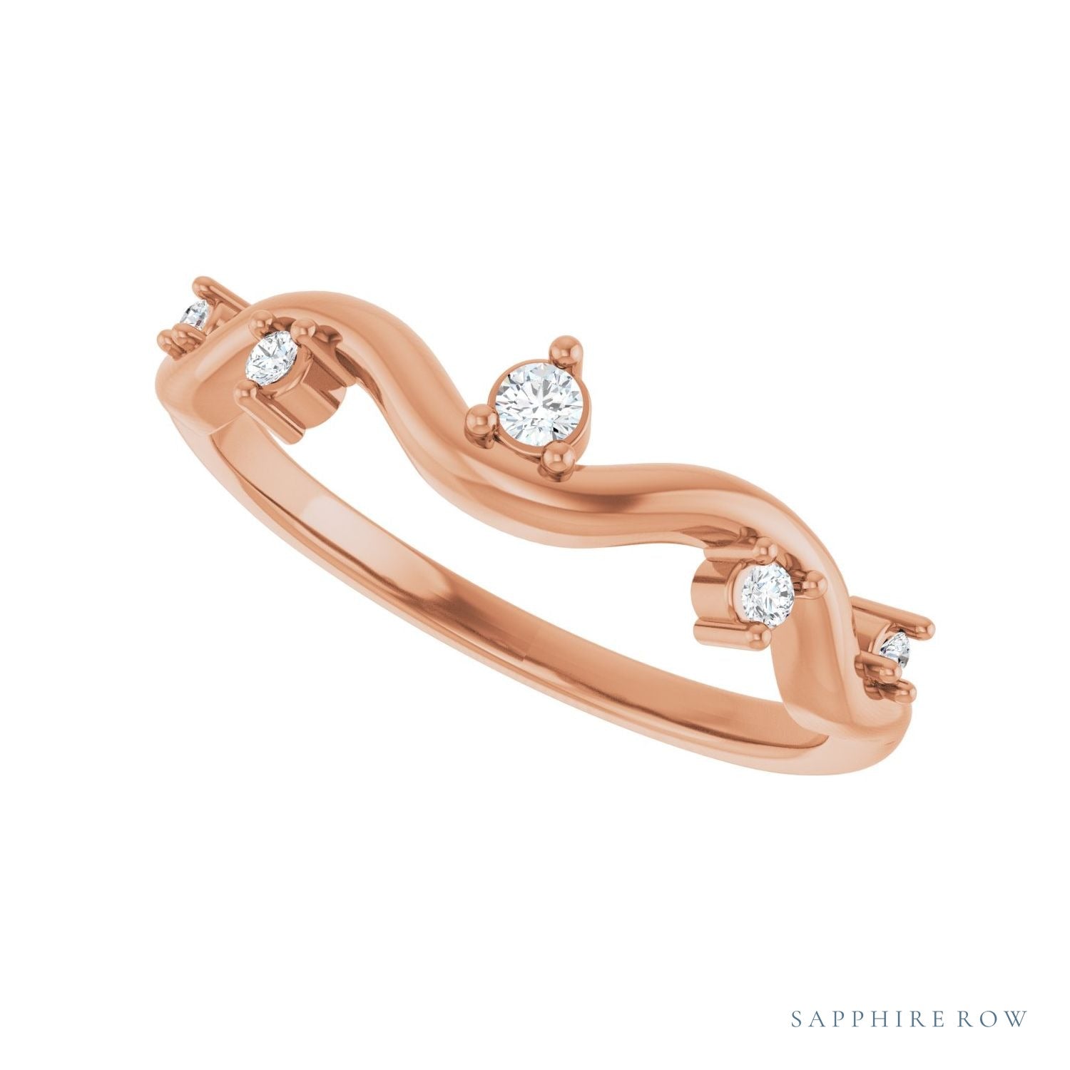 Sapphire Row Natural Diamond Wave Station Ring - 14K Rose Gold (view 5)