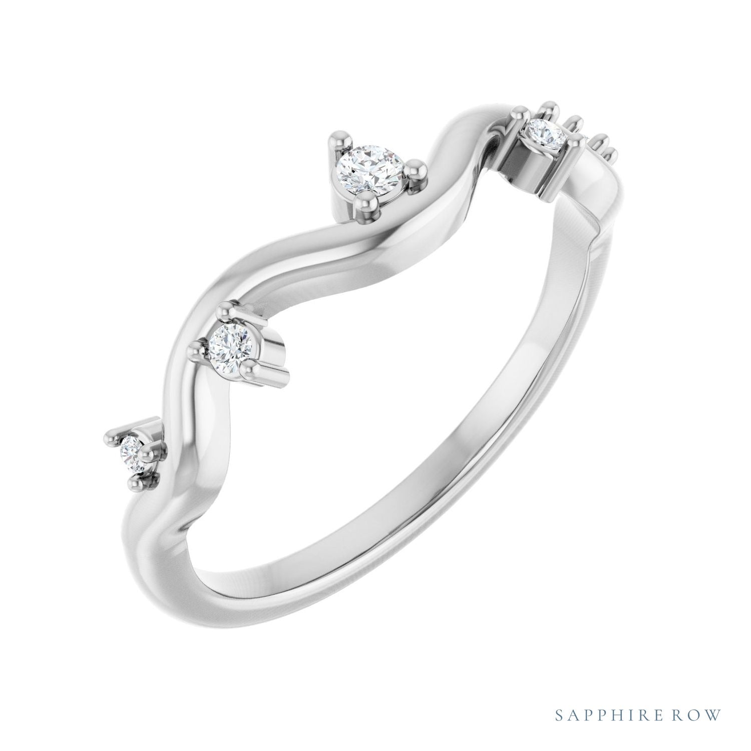 Sapphire Row Natural Diamond Wave Station Ring - 14K White Gold