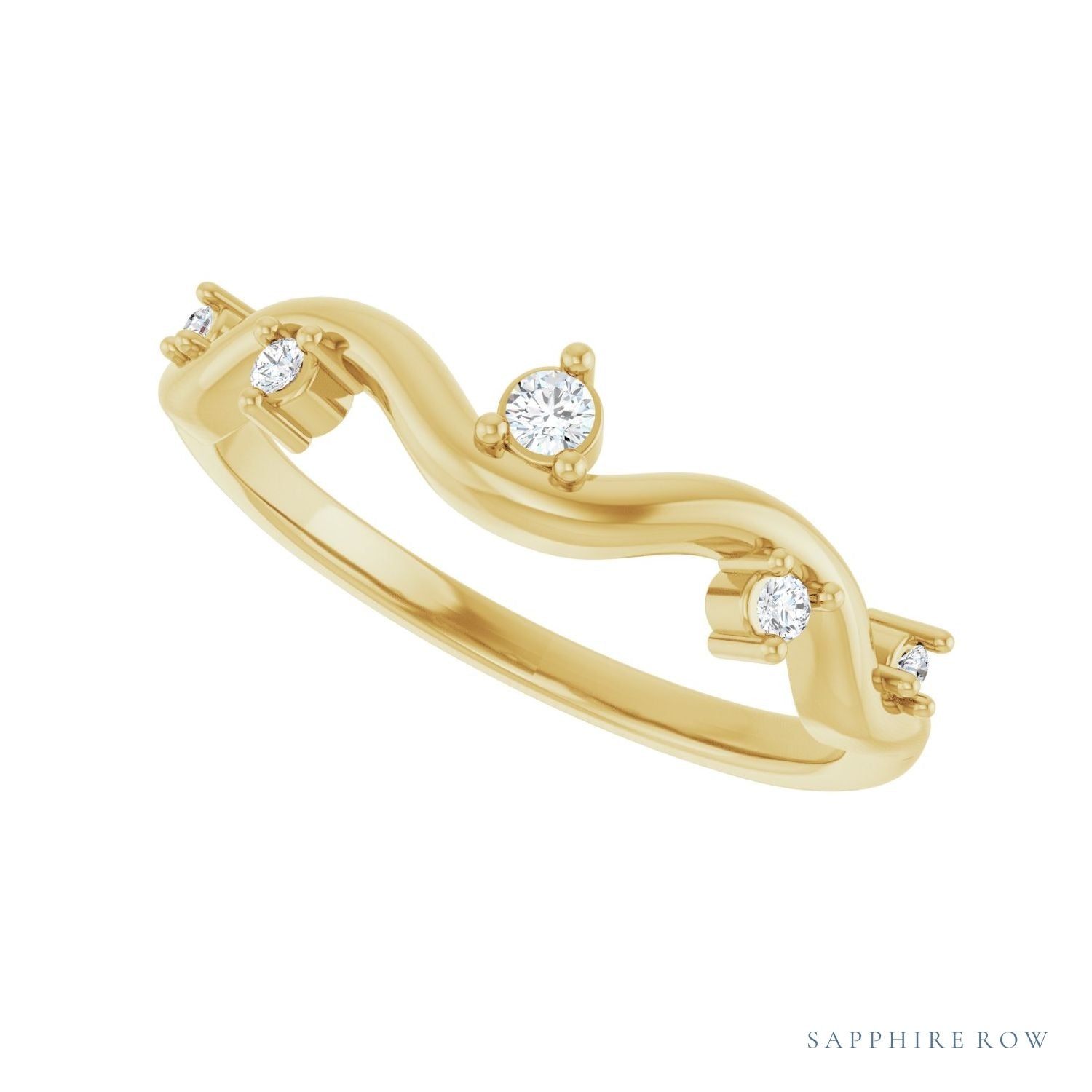 Sapphire Row Natural Diamond Wave Station Ring - 14K Yellow Gold (view 5)