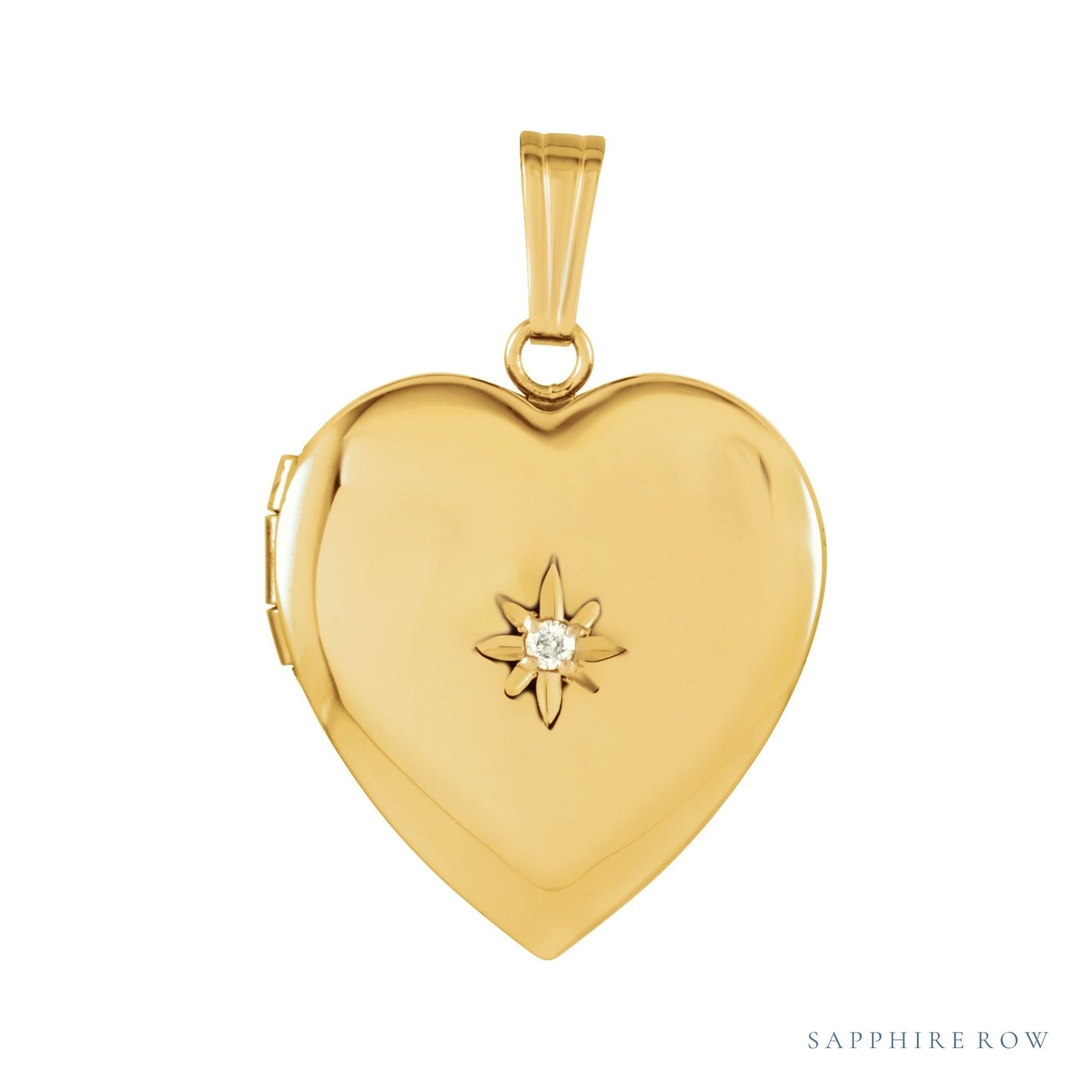 Sapphire Row Engravable Natural Diamond Heart Locket - 14K Yellow Gold