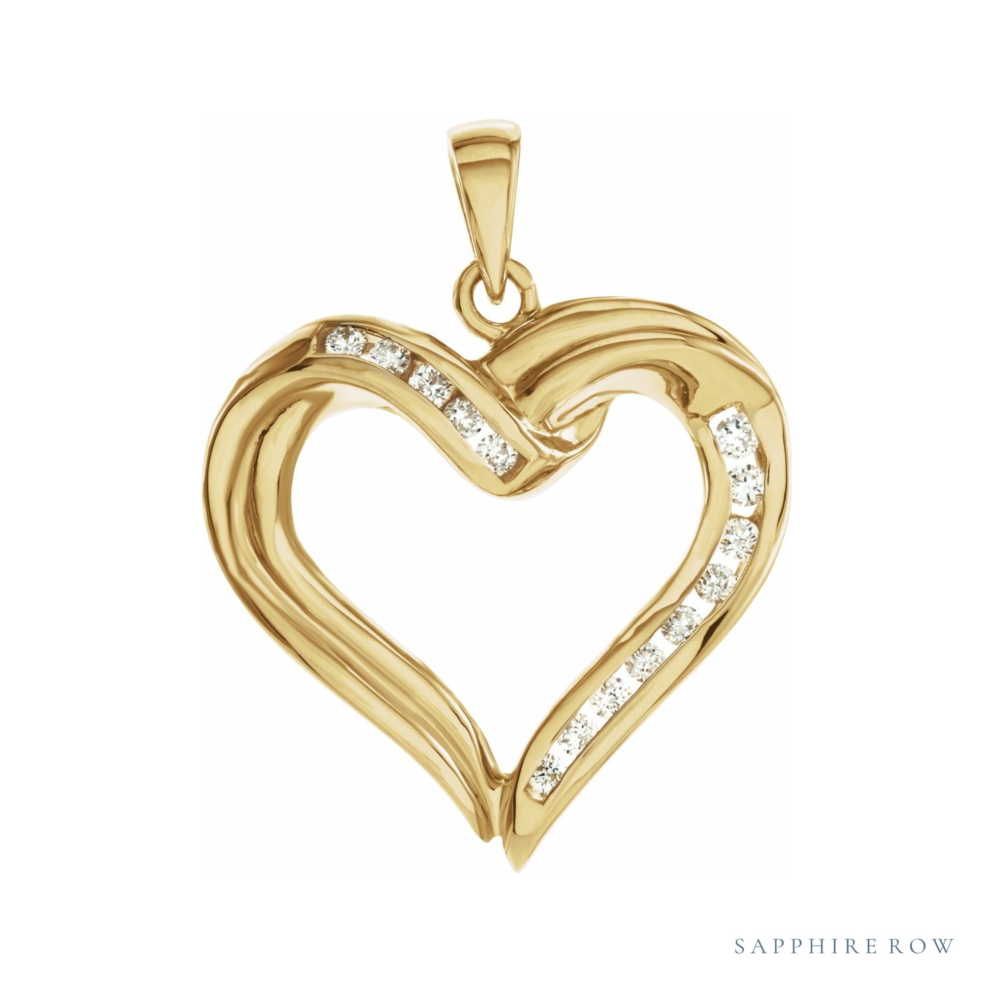 Sapphire Row Natural Diamond Heart Pendant - 14K Yellow Gold