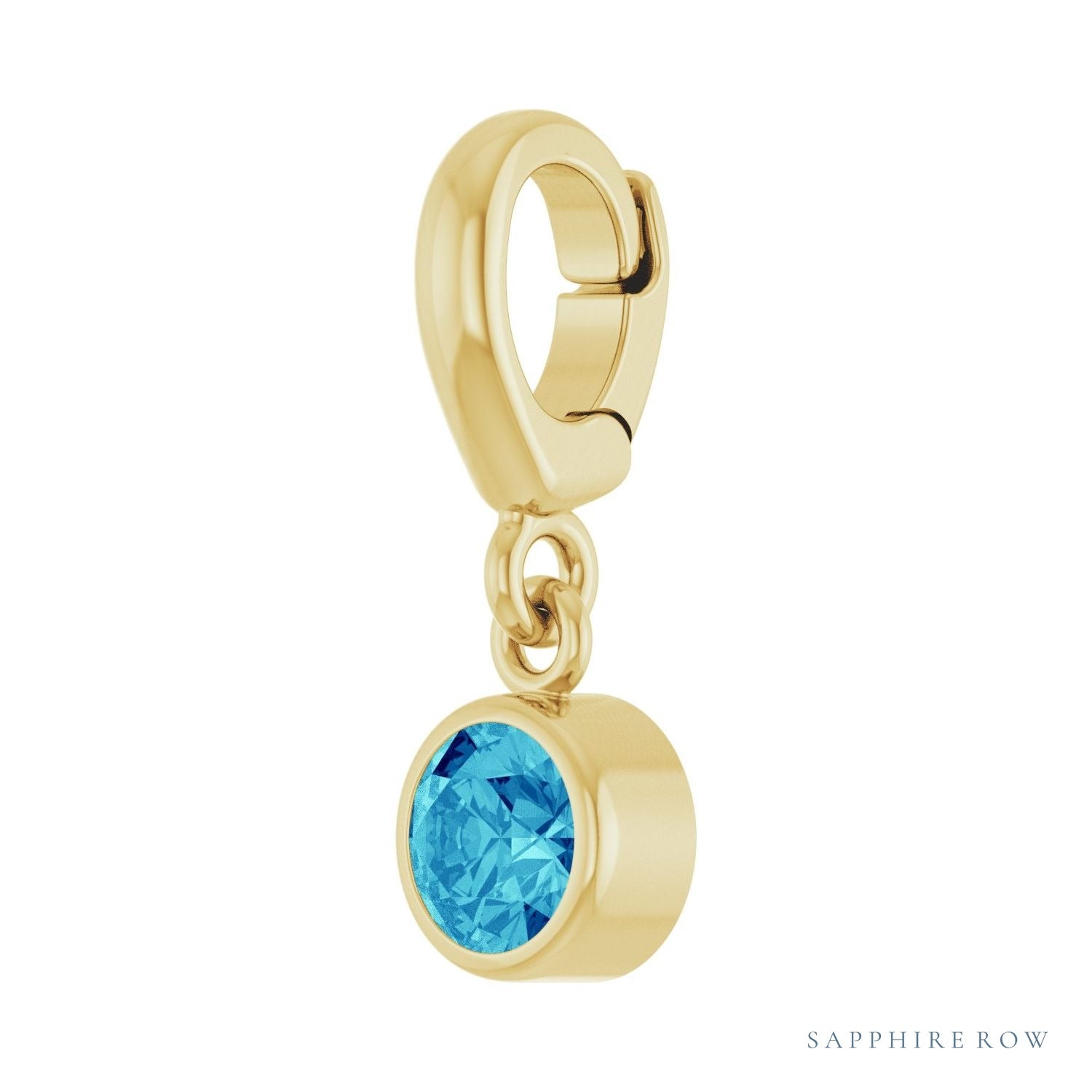 Sapphire Row Natural Gemstone Round Bezel Dangle Charm - Blue Zircon, 14K Yellow Gold (view 2)