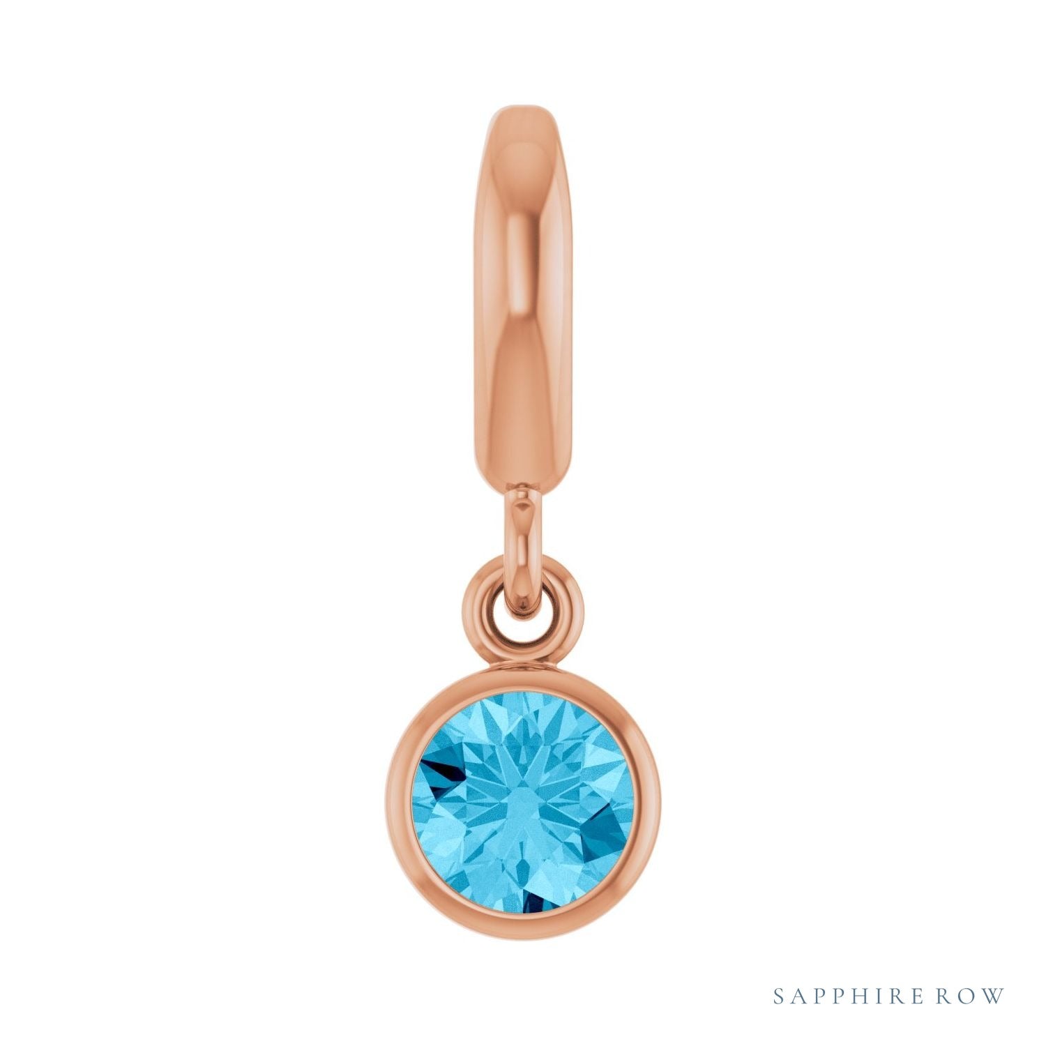 Sapphire Row Natural Gemstone Round Bezel Dangle Charm - Aquamarine, 14K Rose Gold