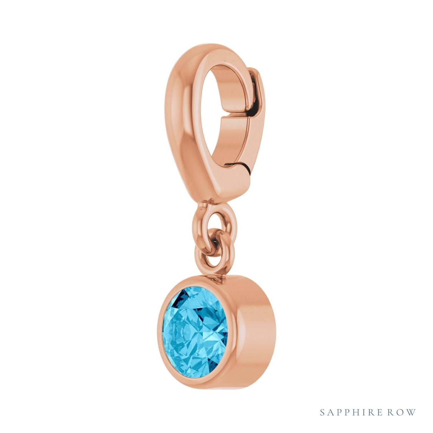 Sapphire Row Natural Gemstone Round Bezel Dangle Charm - Aquamarine, 14K Rose Gold (view 2)
