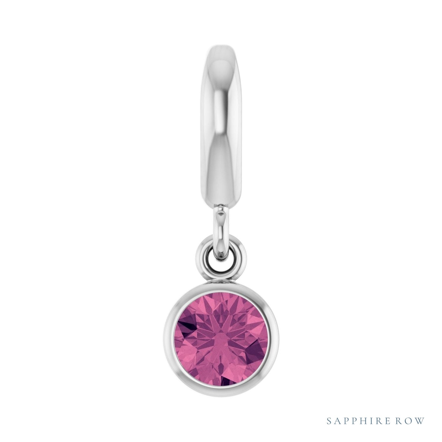 Sapphire Row Natural Gemstone Round Bezel Dangle Charm - Pink Tourmaline, 14K White Gold
