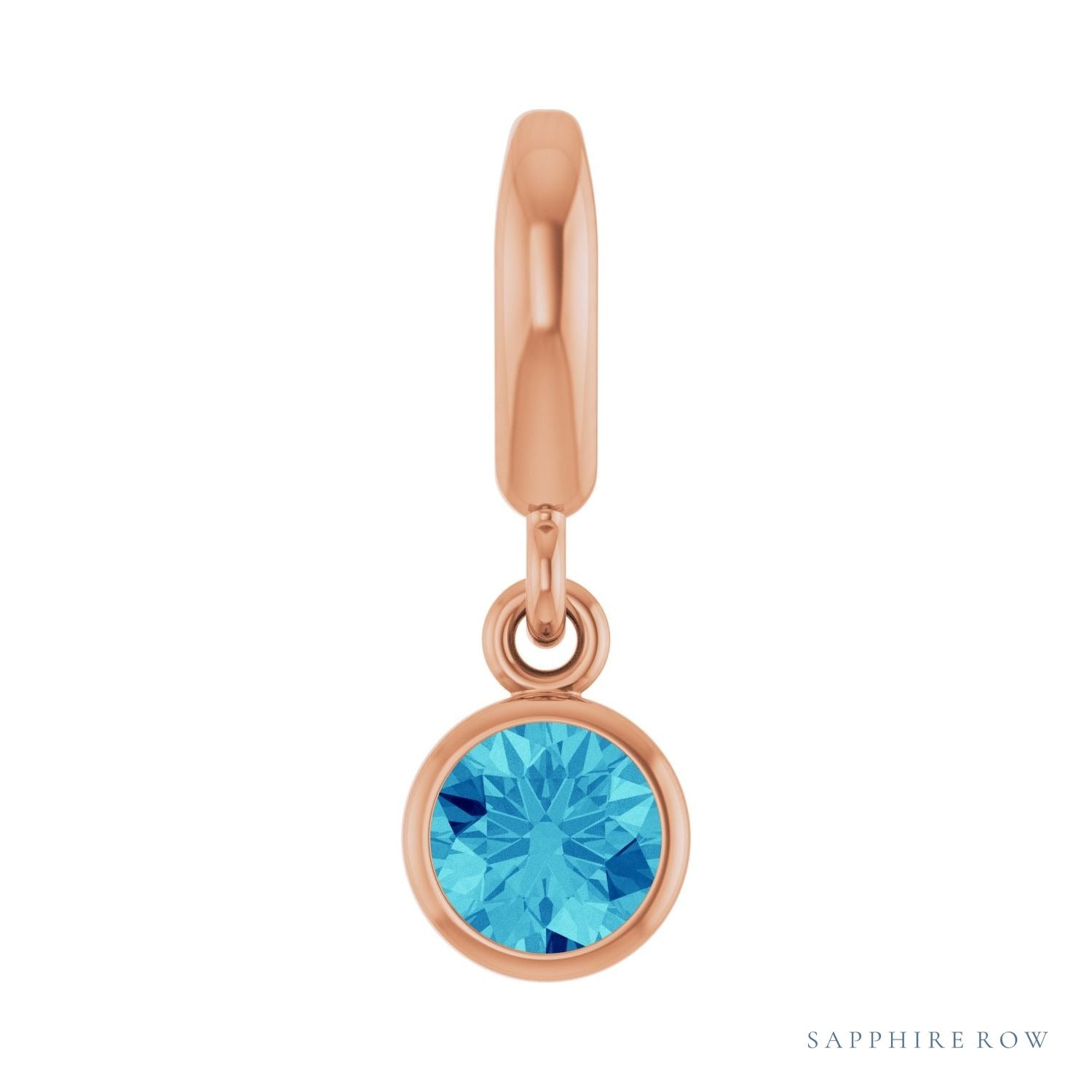 Sapphire Row Natural Gemstone Round Bezel Dangle Charm - Blue Zircon, 14K Rose Gold