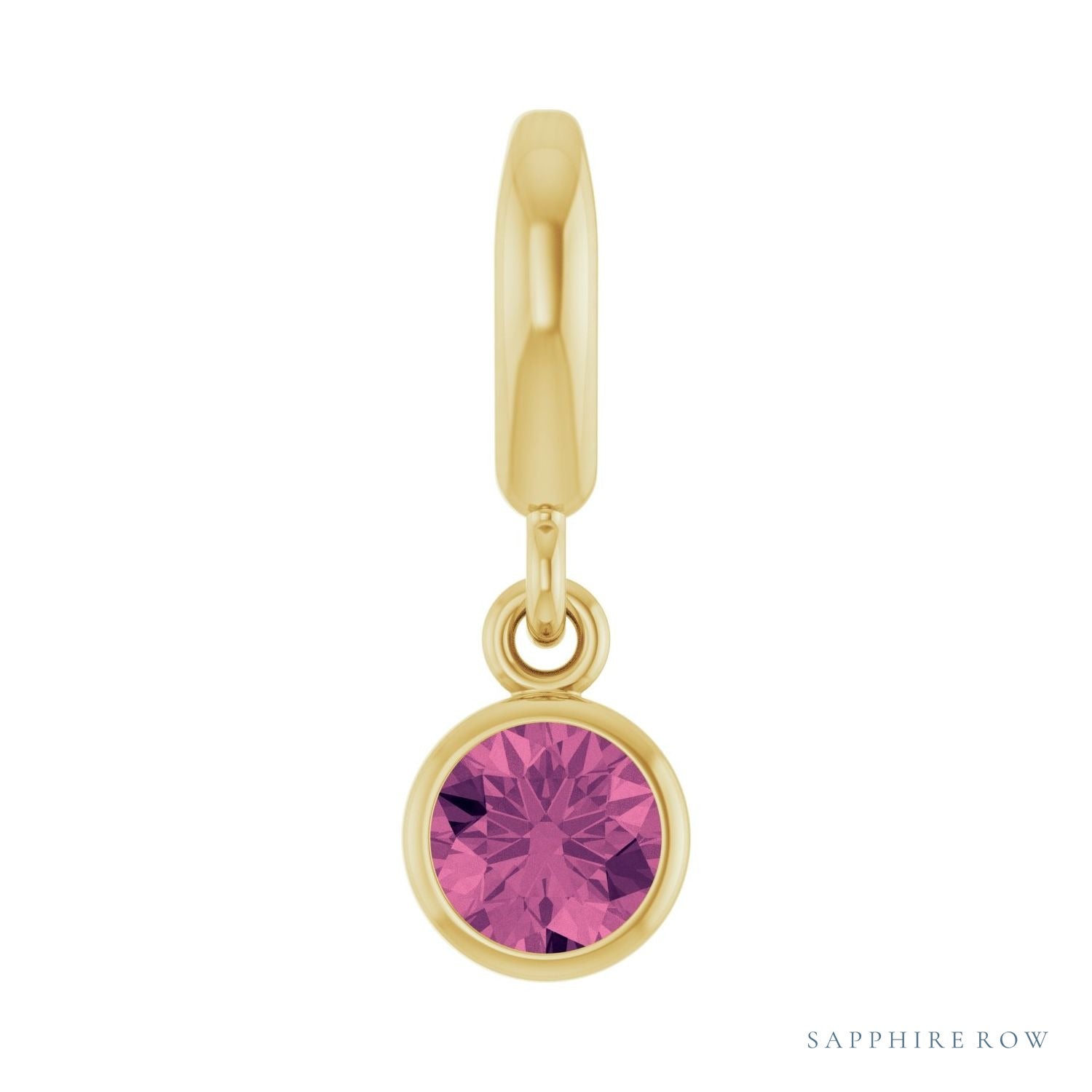 Sapphire Row Natural Gemstone Round Bezel Dangle Charm - Pink Tourmaline, 14K Yellow Gold