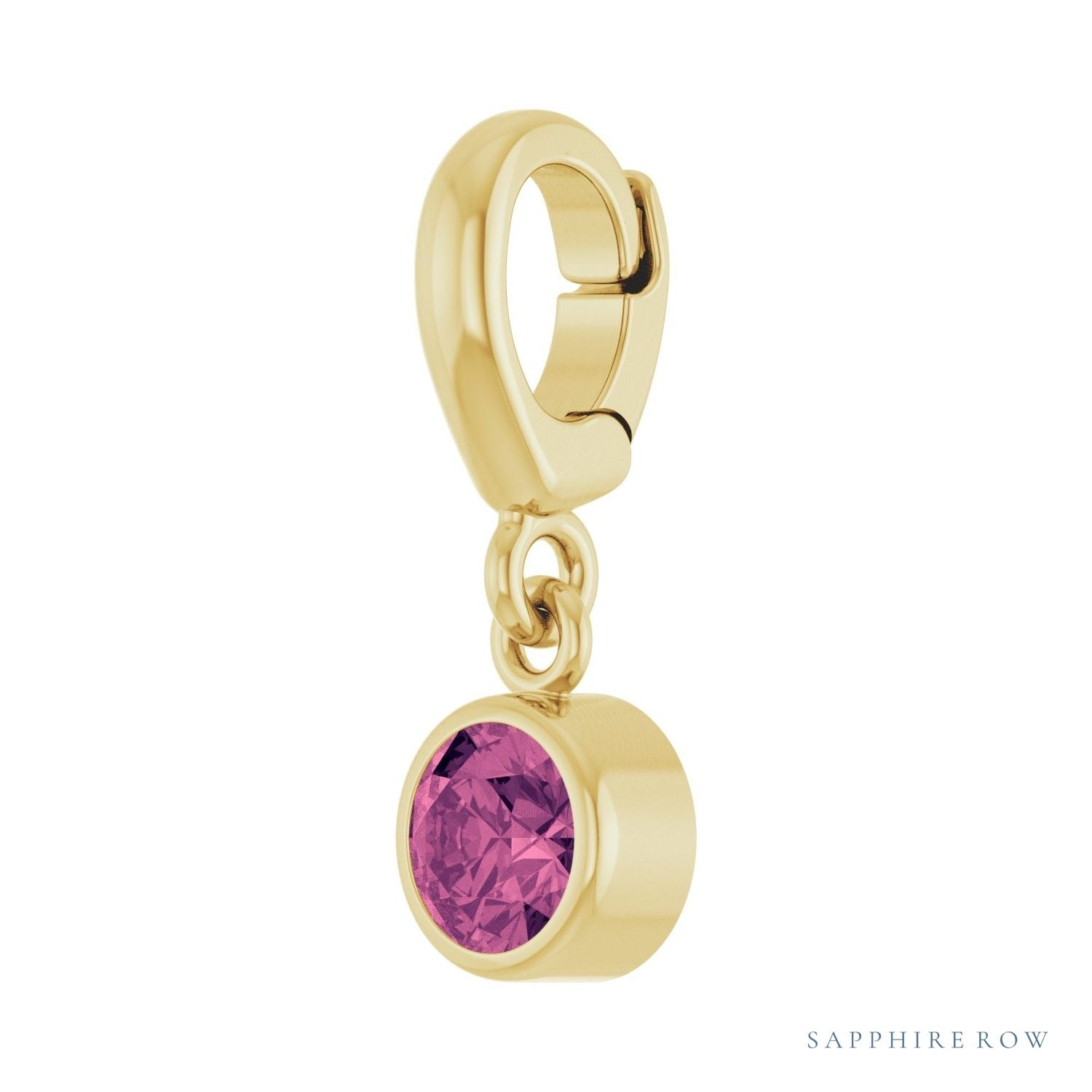Sapphire Row Natural Gemstone Round Bezel Dangle Charm - Pink Tourmaline, 14K Yellow Gold (view 2)