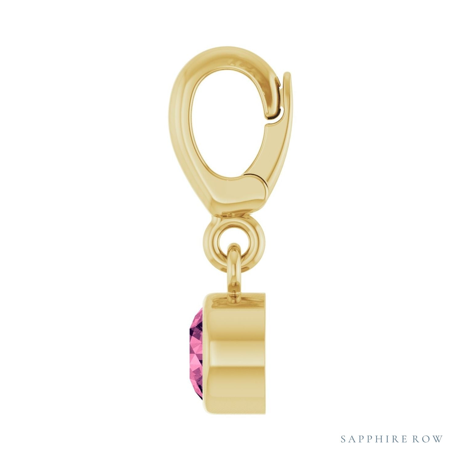 Sapphire Row Natural Gemstone Round Bezel Dangle Charm - Pink Tourmaline, 14K Yellow Gold (view 3)
