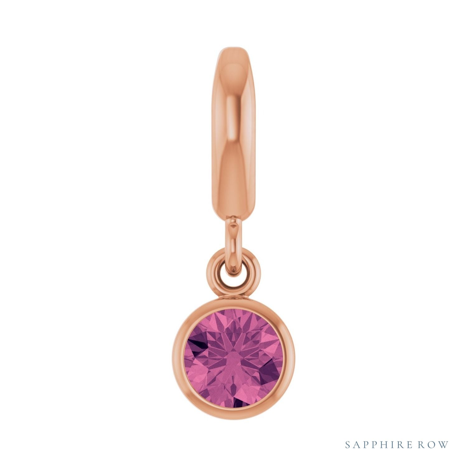 Sapphire Row Natural Gemstone Round Bezel Dangle Charm - Pink Tourmaline, 14K Rose Gold