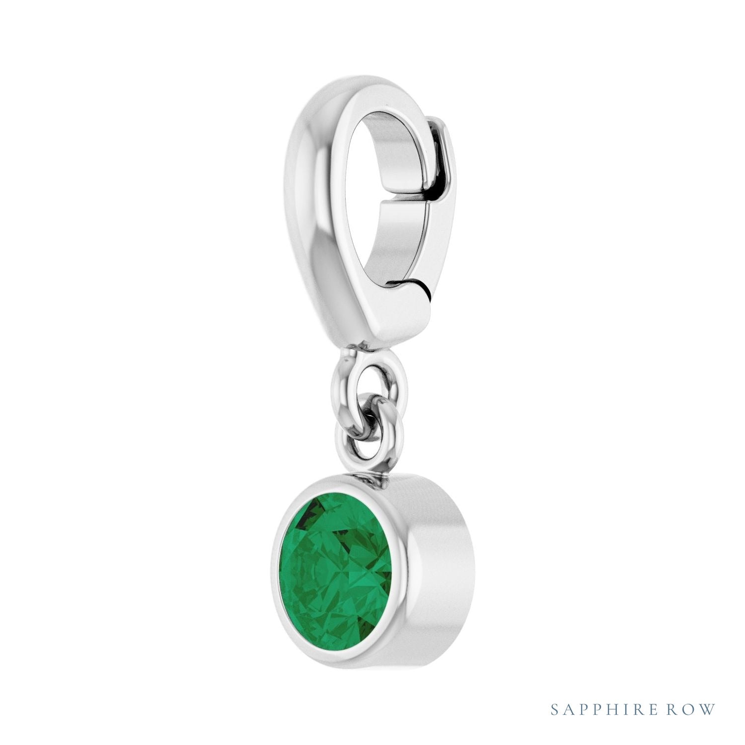 Sapphire Row Lab-Grown Gemstone Round Bezel Dangle Charm - Emerald, Platinum (view 2)