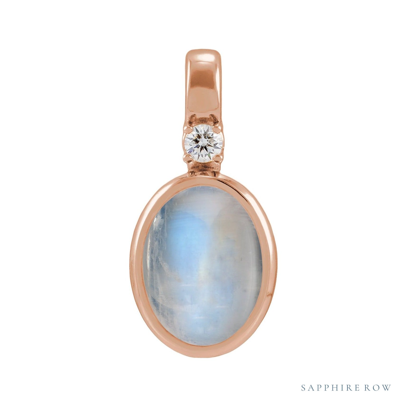 Sapphire Row Natural Cabochon Fixed Bail Pendant - Rainbow Moonstone, 14K Rose Gold