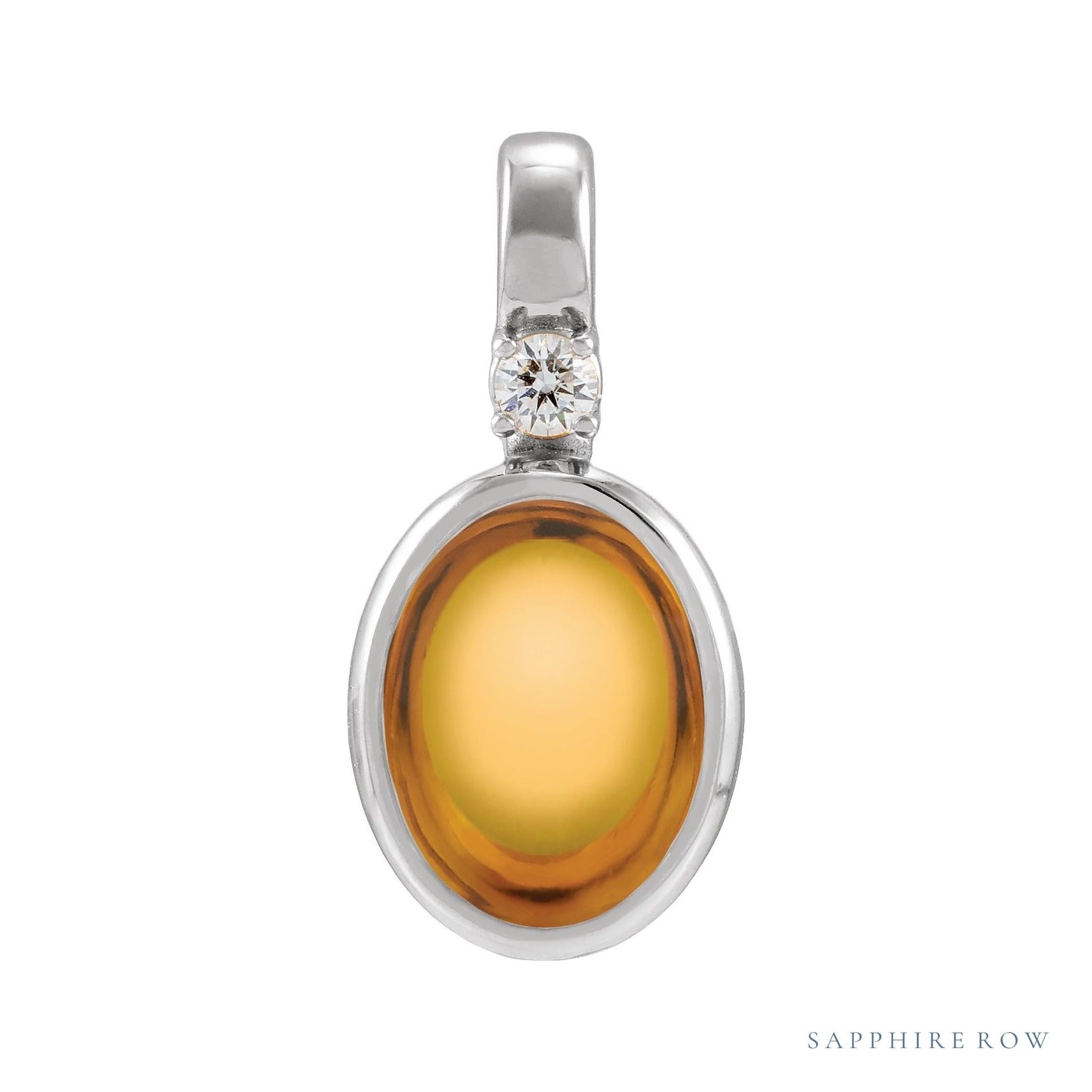 Sapphire Row Natural Cabochon Fixed Bail Pendant - Citrine, 14K White Gold