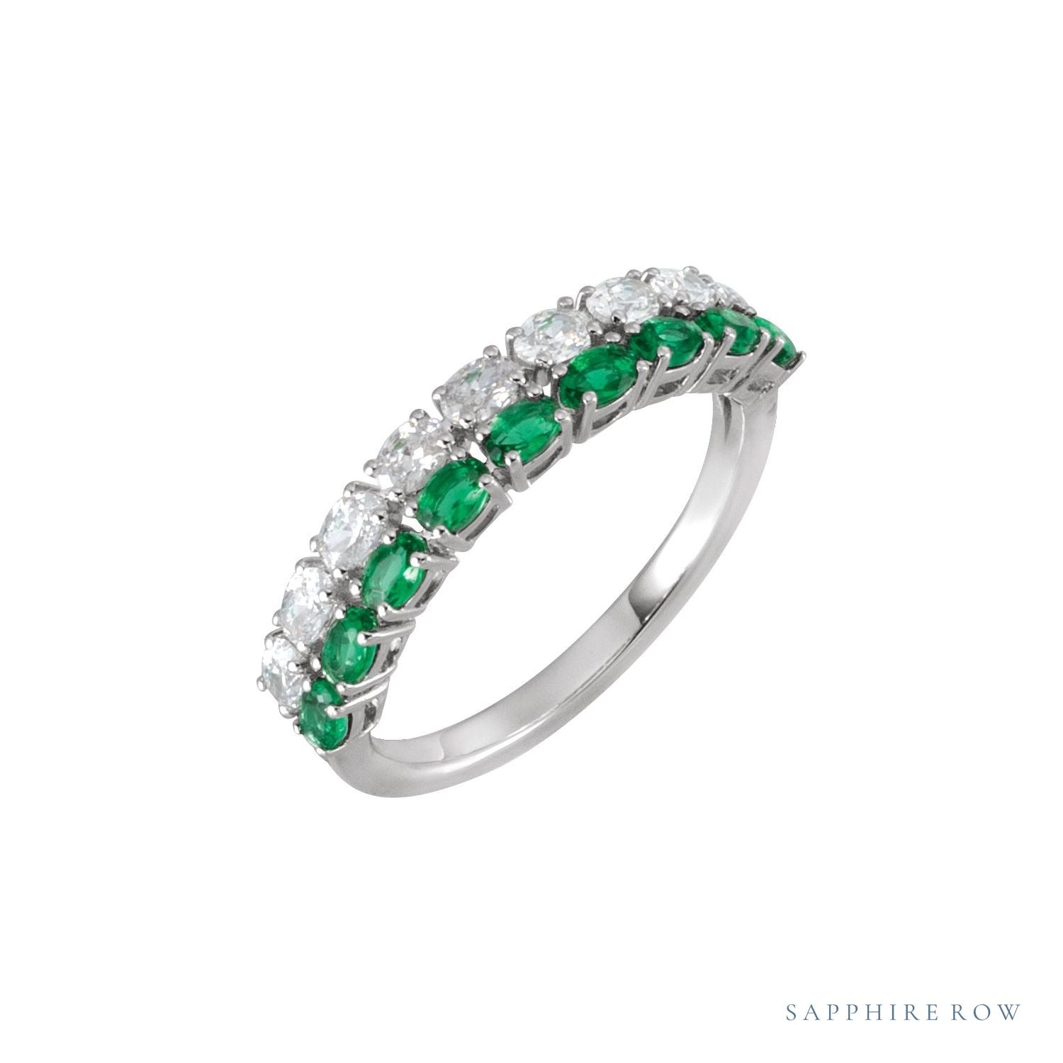 Sapphire Row Lab-Grown Emerald & Diamond Double Pavé Ring - 14K White Gold