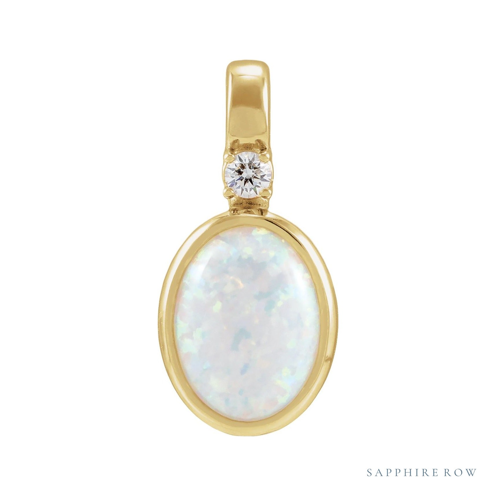 Sapphire Row Lab-Grown Cabochon Fixed Bail Pendant - White Opal, 14K Yellow Gold
