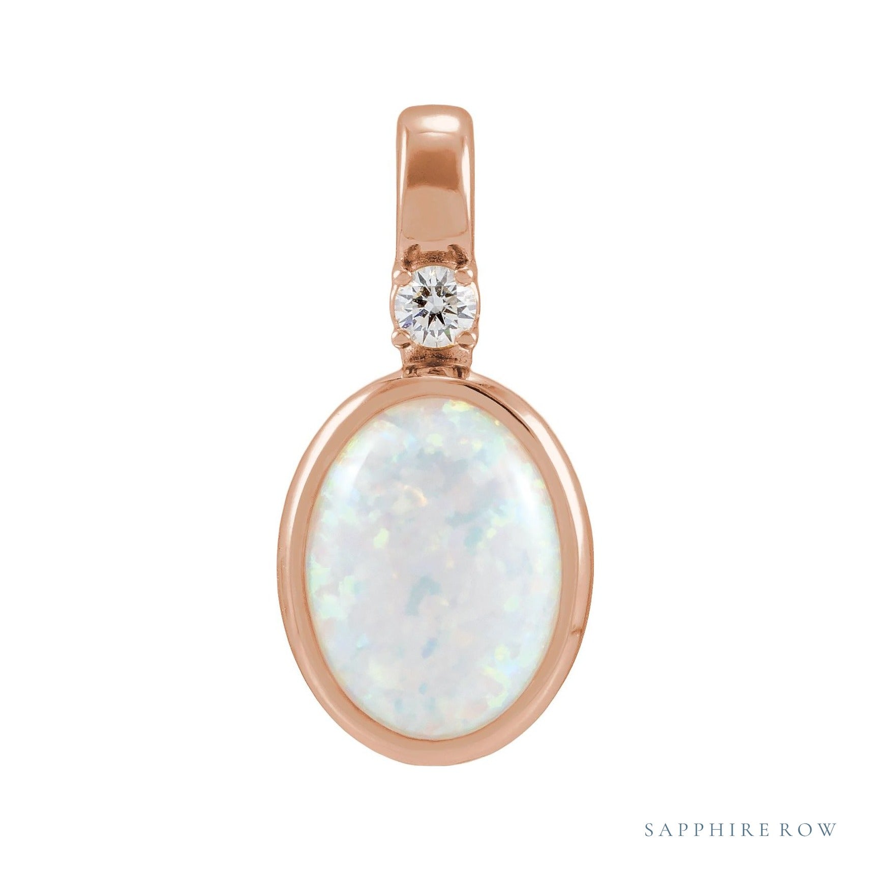 Sapphire Row Lab-Grown Cabochon Fixed Bail Pendant - White Opal, 14K Rose Gold