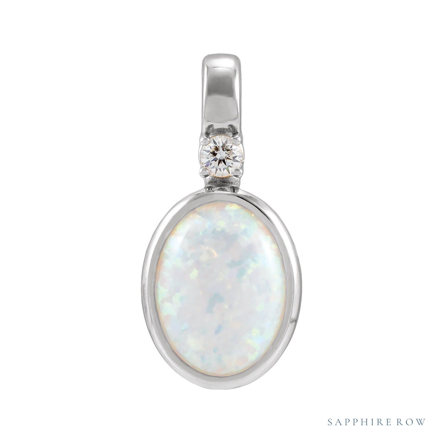 Sapphire Row Lab-Grown Cabochon Fixed Bail Pendant - White Opal, Platinum