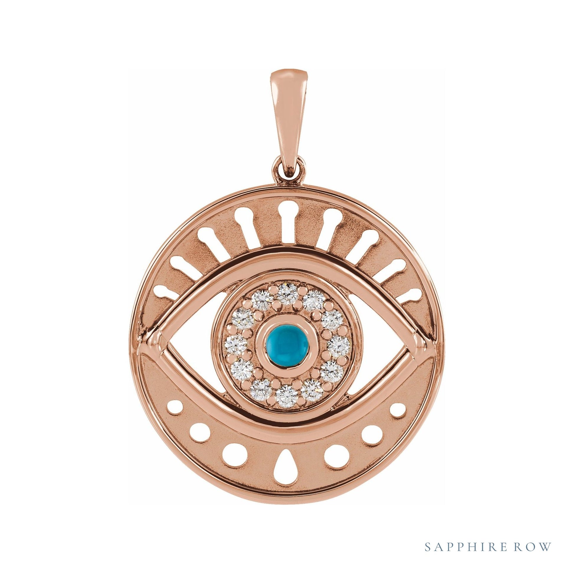 Sapphire Row Natural Gemstone Evil Eye Disc Pendant - Turquoise, 14K Rose Gold