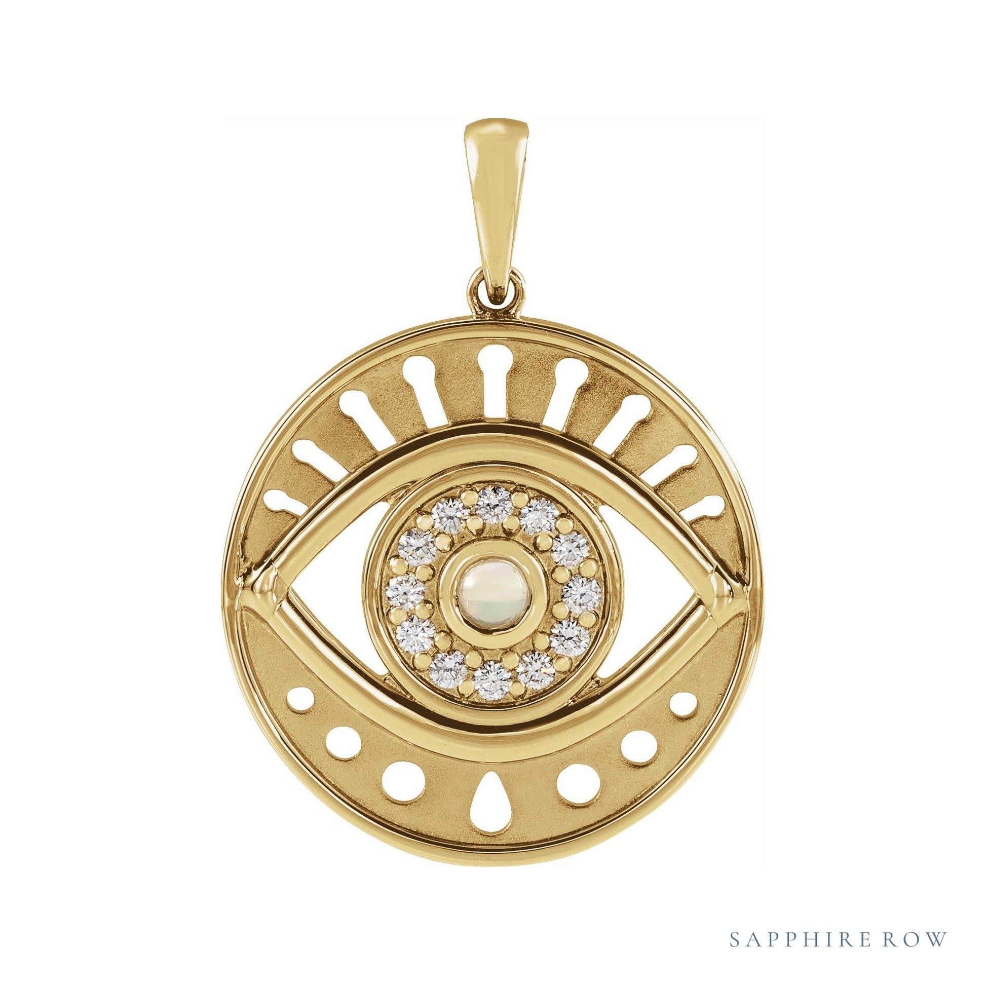 Sapphire Row Natural Gemstone Evil Eye Disc Pendant - Ethiopian Opal, 14K Yellow Gold