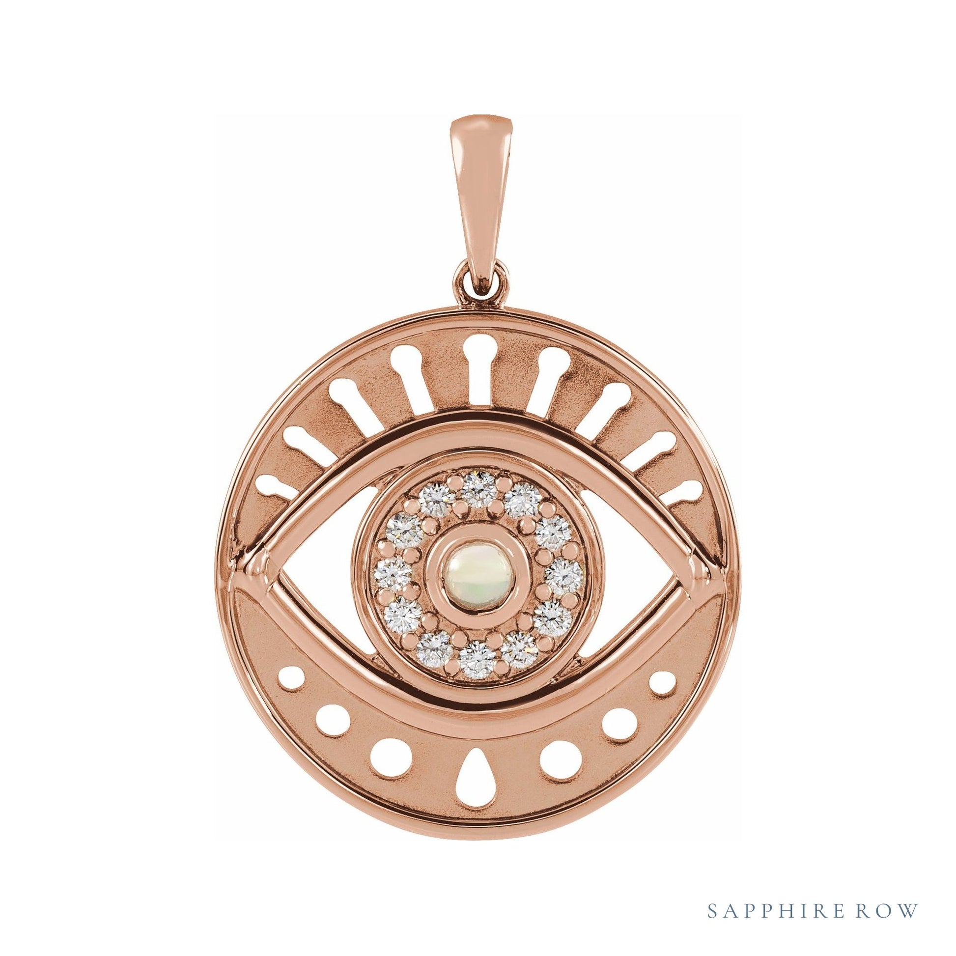 Sapphire Row Natural Gemstone Evil Eye Disc Pendant - Ethiopian Opal, 14K Rose Gold
