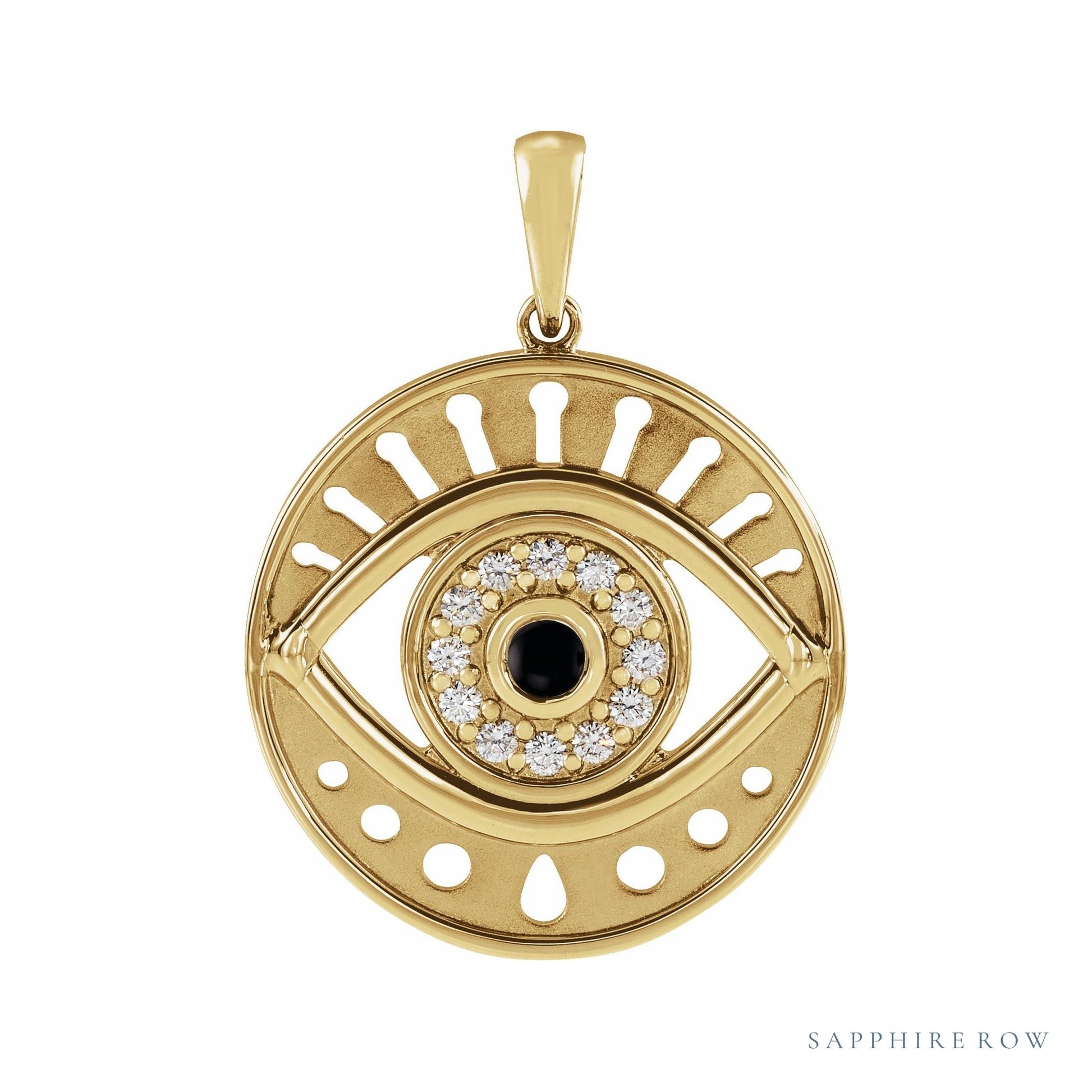 Sapphire Row Natural Gemstone Evil Eye Disc Pendant - Diamond, 14K Rose Gold