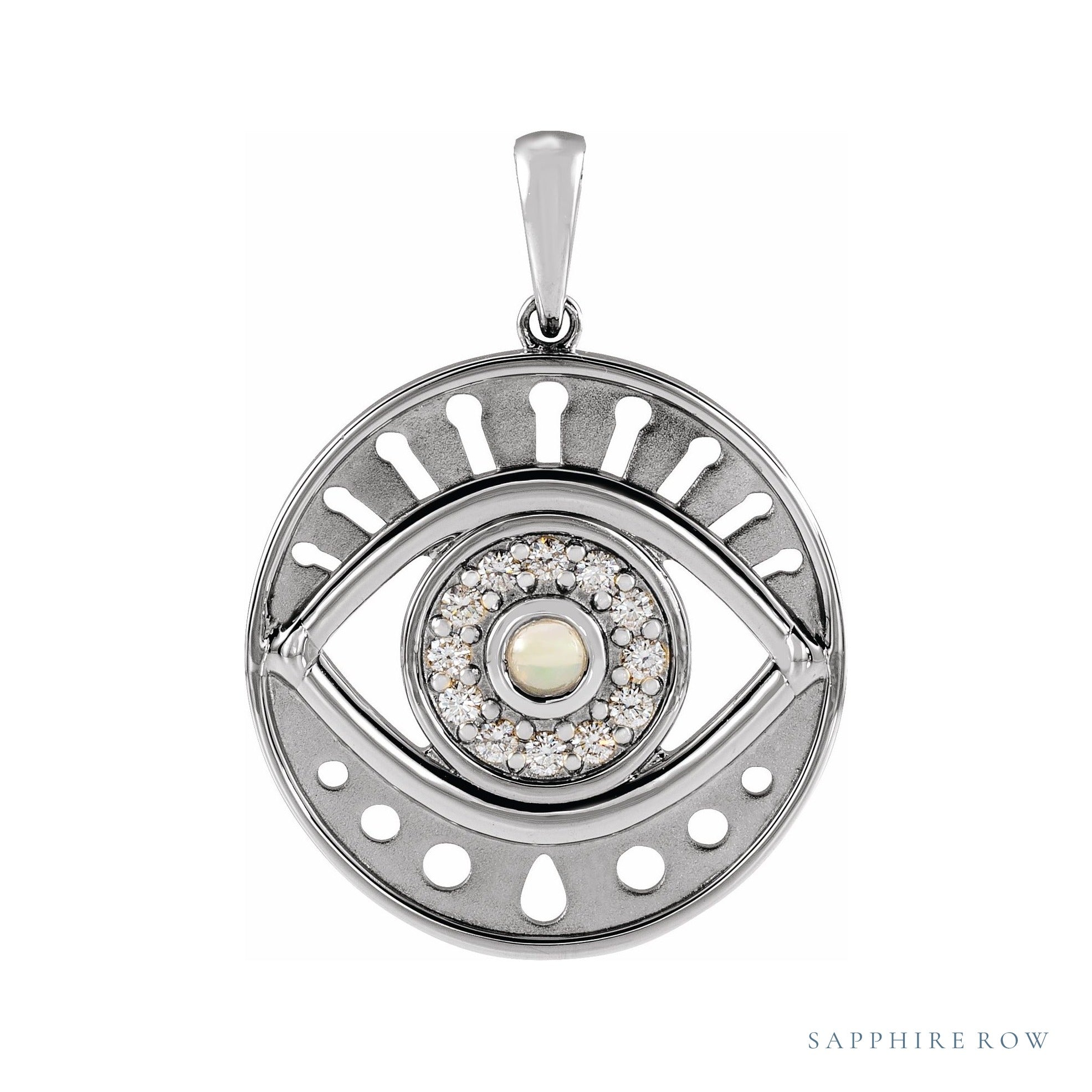 Sapphire Row Natural Gemstone Evil Eye Disc Pendant - Ethiopian Opal, 14K White Gold