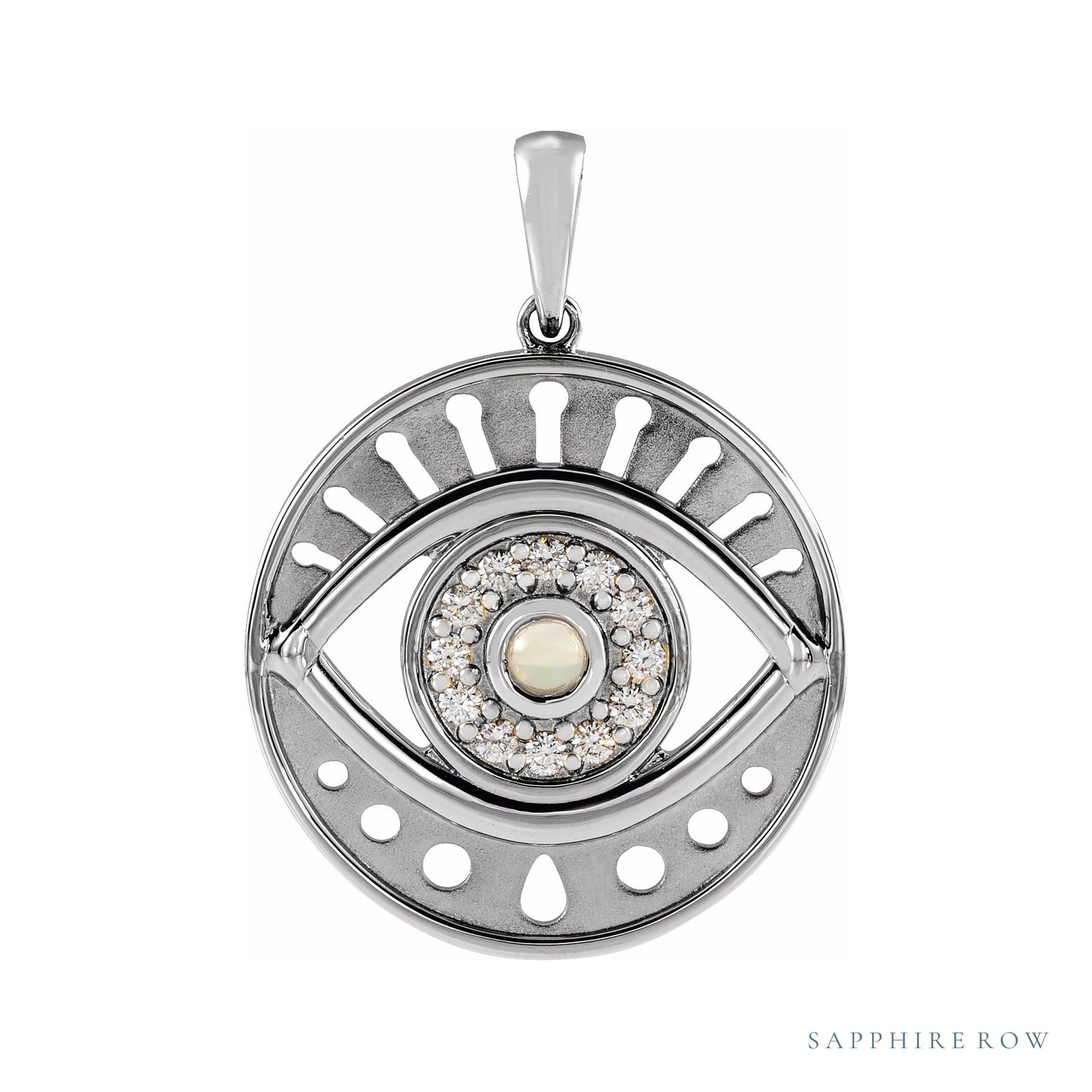 Sapphire Row Natural Gemstone Evil Eye Disc Pendant - Ethiopian Opal, 14K White Gold