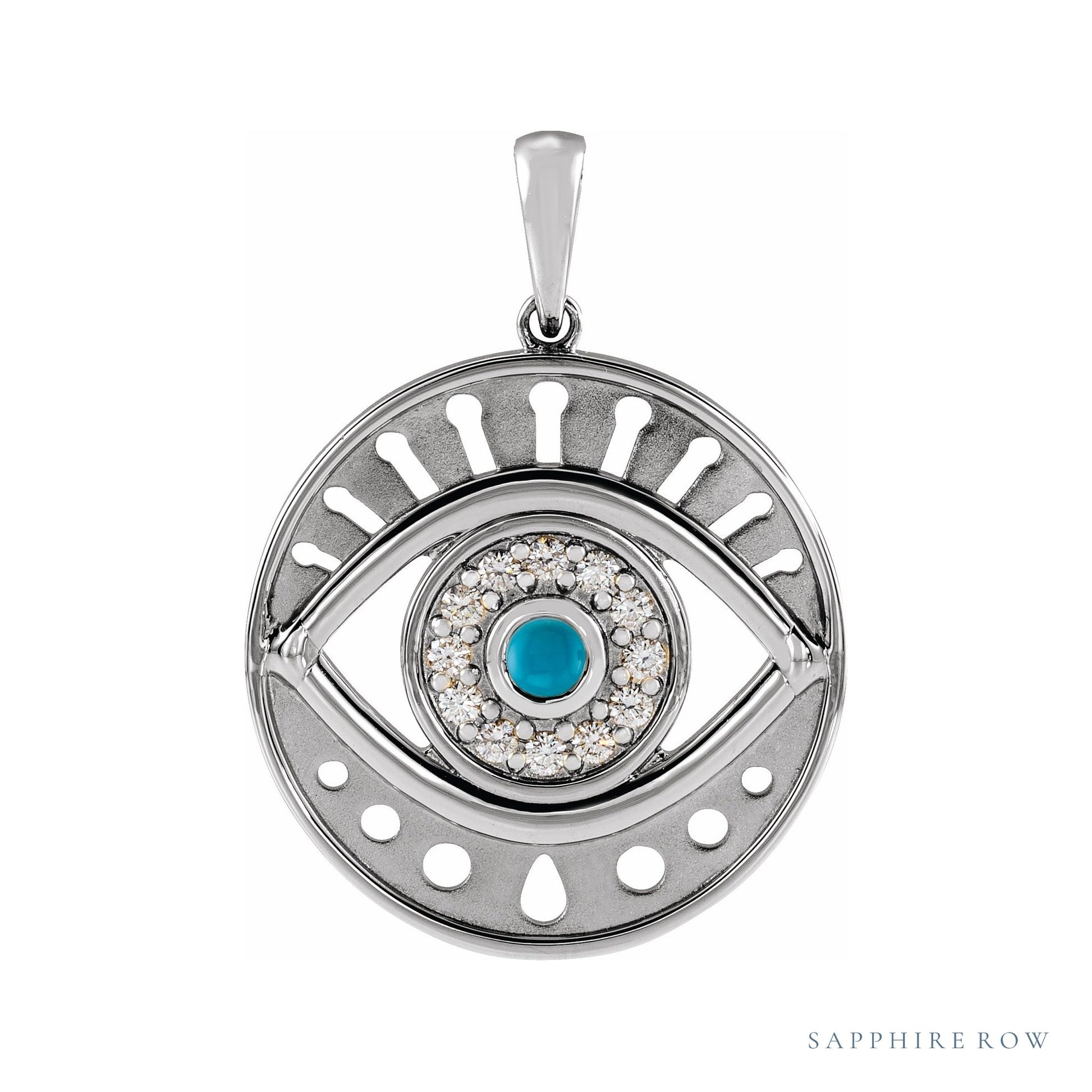 Sapphire Row Natural Gemstone Evil Eye Disc Pendant - Turquoise, 14K White Gold