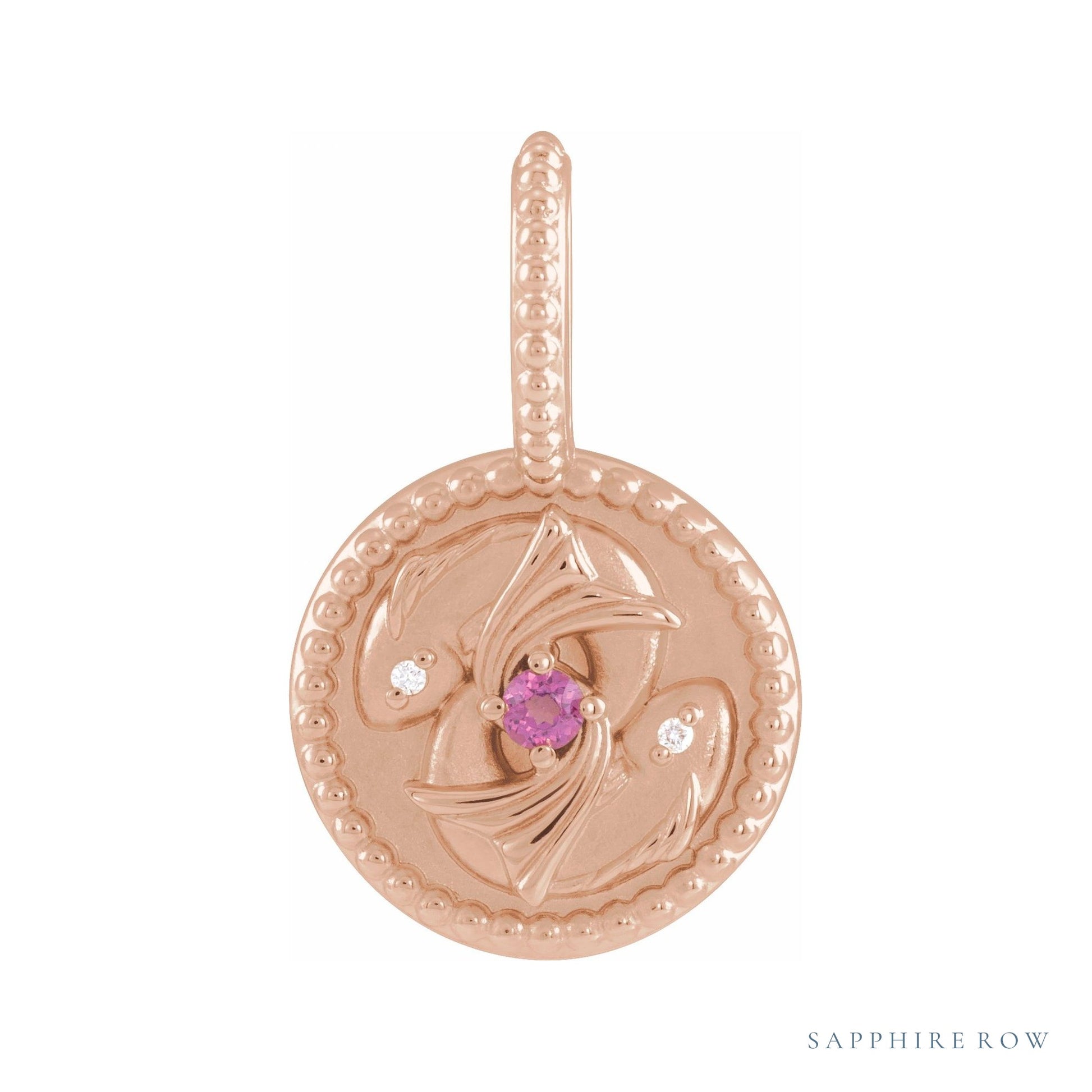 Sapphire Row Zodiac Charm Pendant - Pisces, 14K Rose Gold