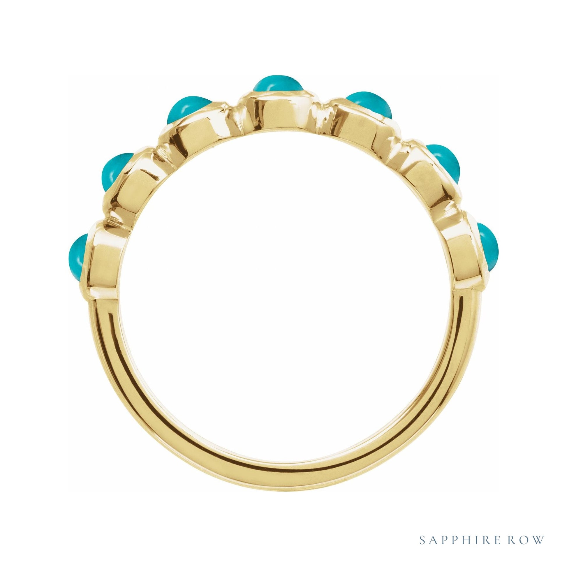 Sapphire Row Natural Cabochon Bezel Half Eternity Ring - Turquoise, 14K Yellow Gold (view 2)